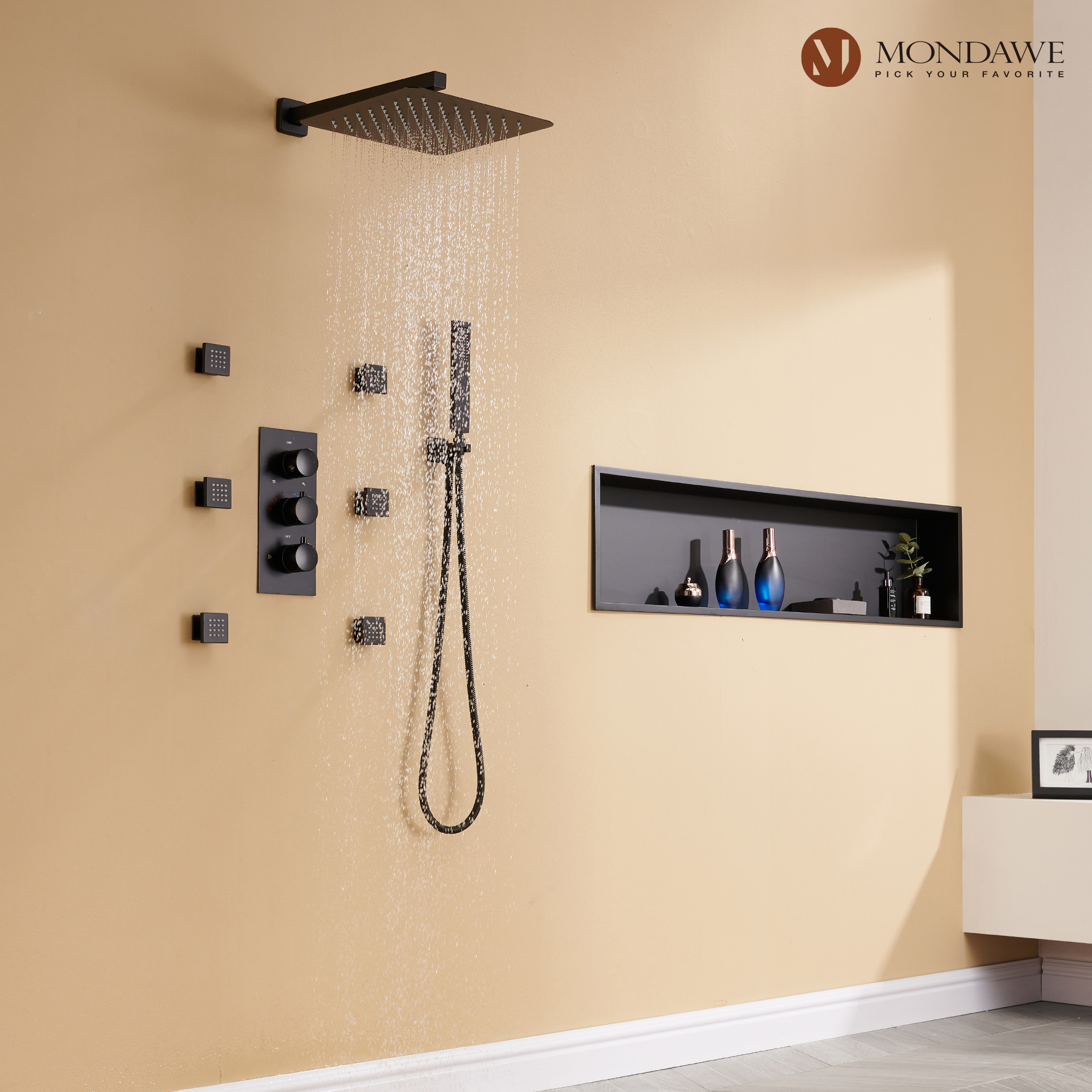 Mondawe Wall Mount Thermostatic Rain Head Shower System with Handheld Shower and Wall Body Jets-Mondawe