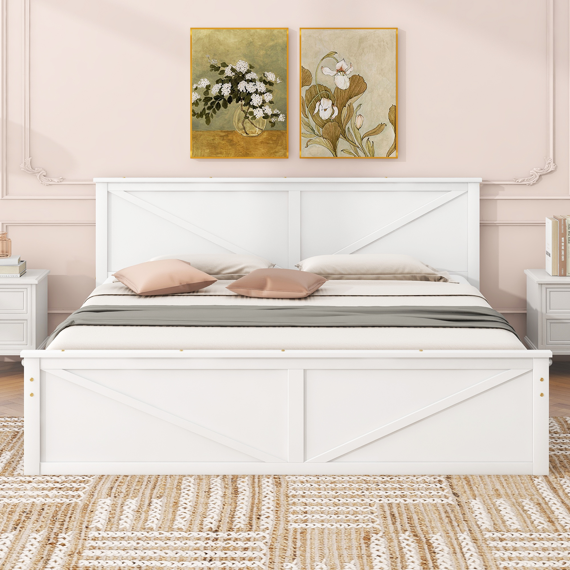King/Queen Size Wooden Platform Bed with Four Storage Drawers and Support Legs, White/Gray
