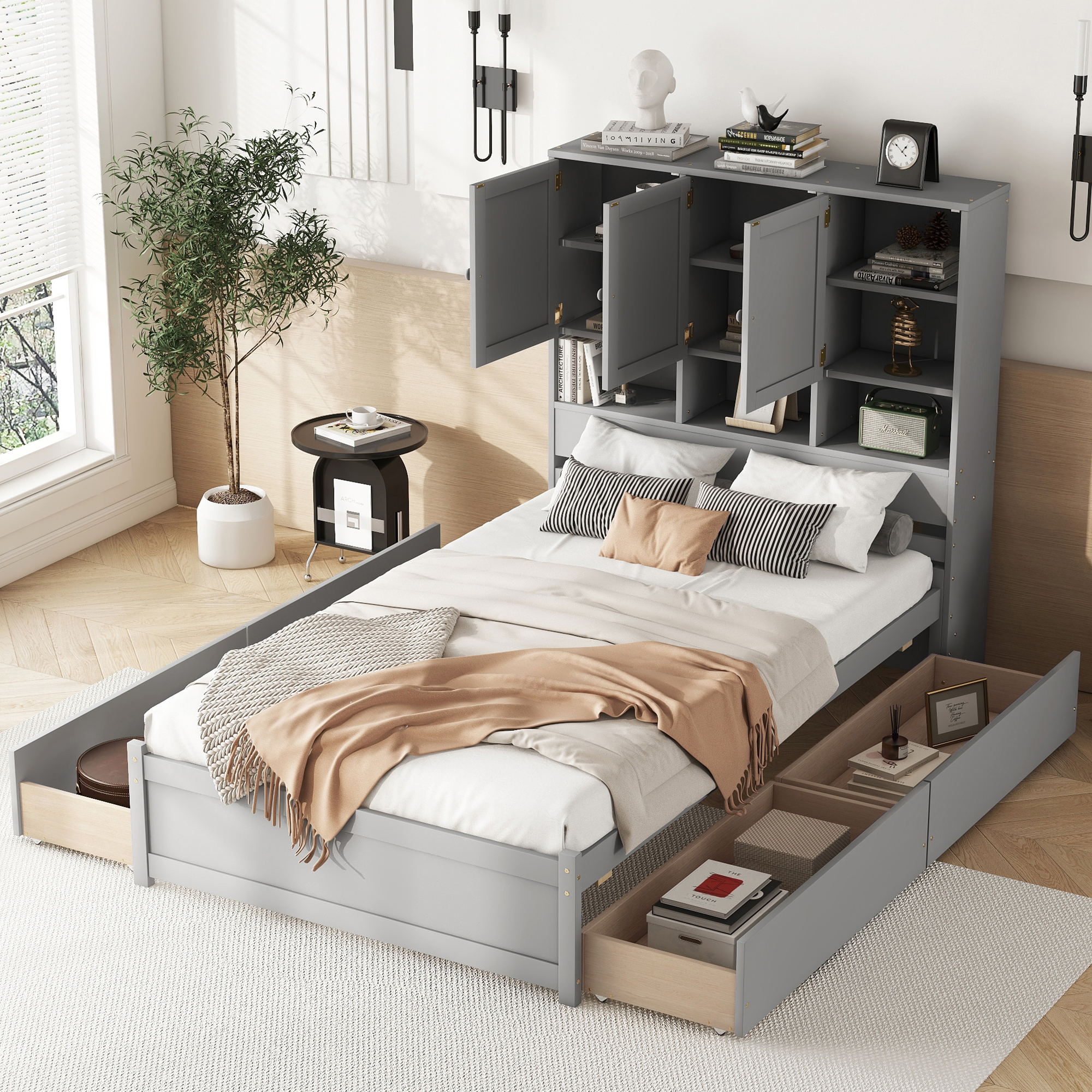 Full/Queen Size Platform Bed with Storage Headboard and 4 Drawers, Gray/White