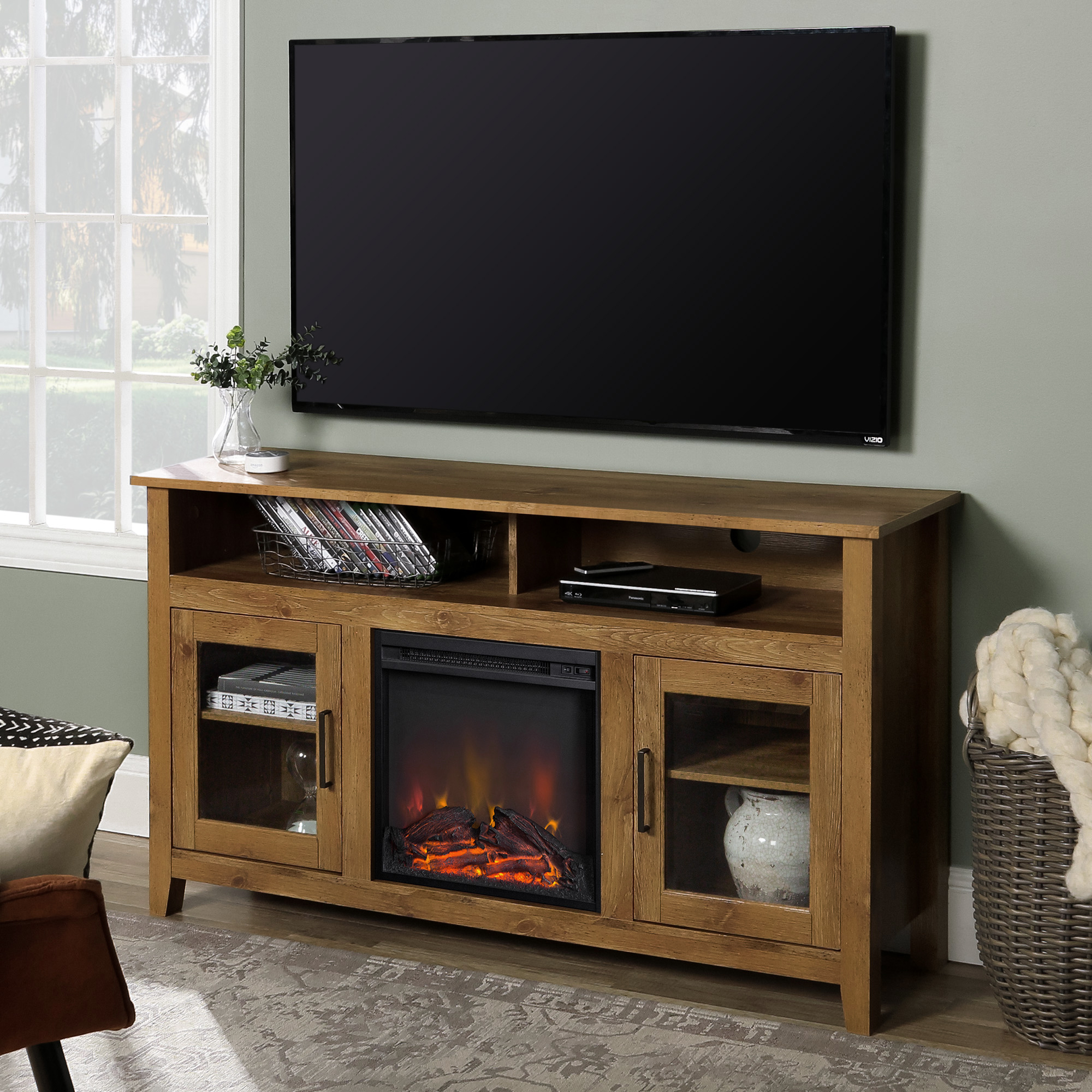 Classic Glass-Door Fireplace Tall TV Stand for TVs up to 65" - Barnwood 