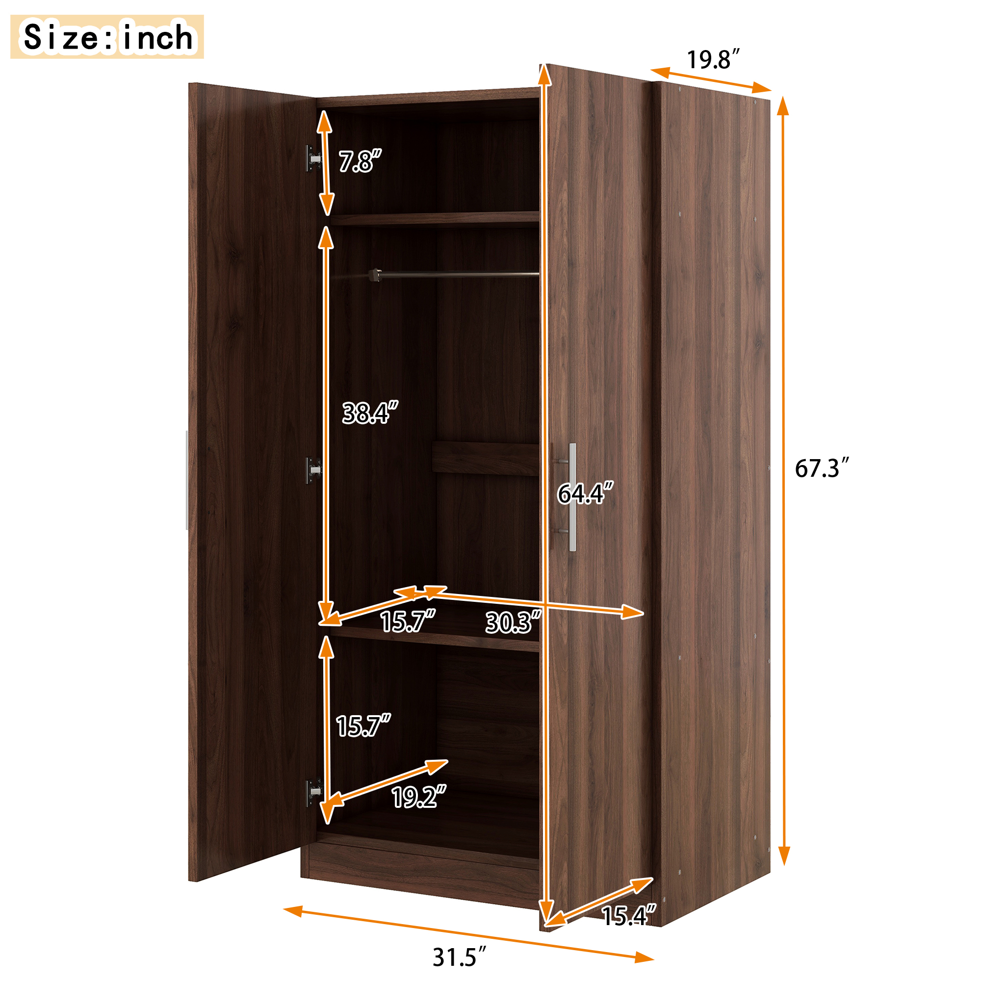 2-Door Wooden Wardrobe Armoire with 3 Storage Shelves, Brown 