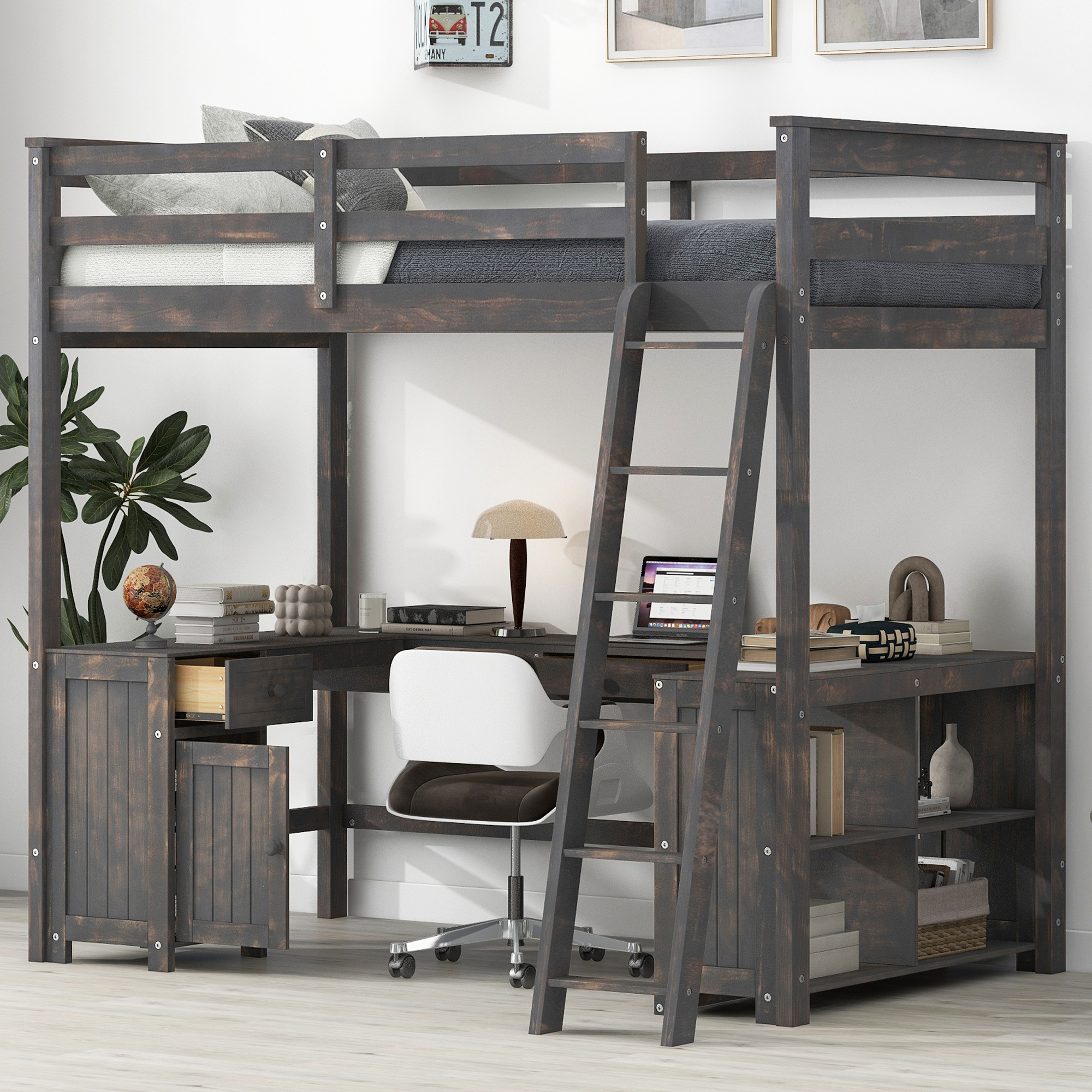 Full/Twin Size Loft Bed with U-shaped Desk, Drawers and Storage Shelves, White/Antique Brown 