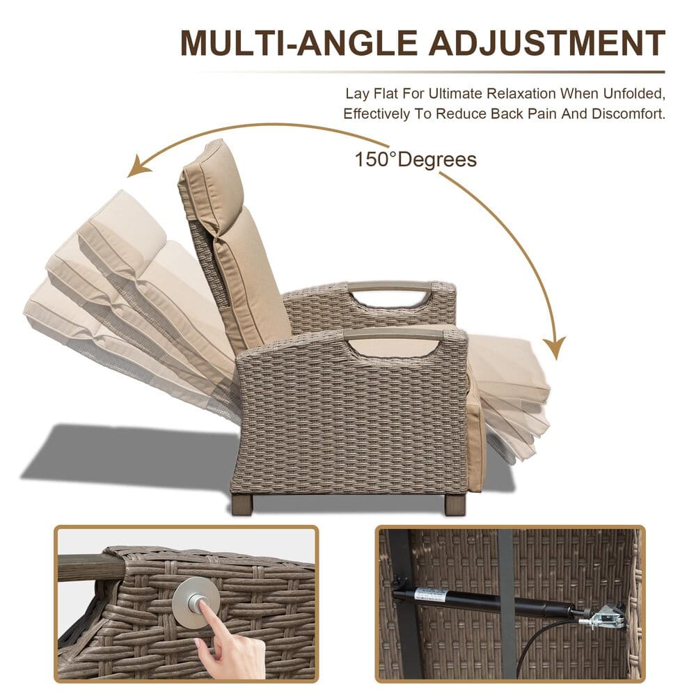 Outdoor Recliner Chair, Patio Recliner with Hand-Woven Wicker, Flip Table Push Back, Adjustable Angle, Thickness Cushions