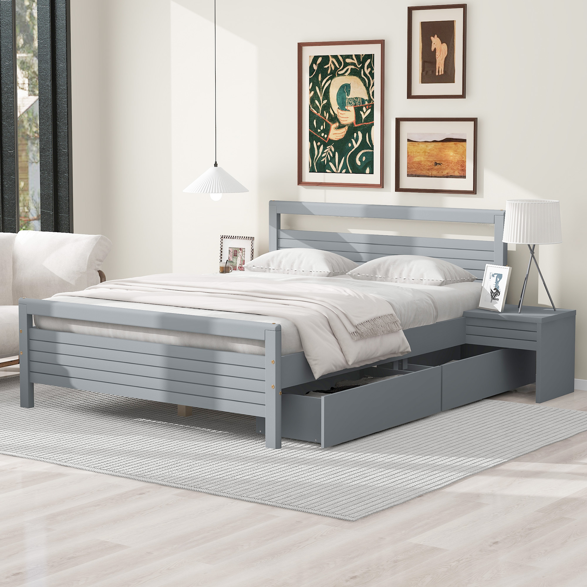 Queen Size Wooden Platform Bed with 2 Storage Drawers and 2 bedside tables, Gray/White 