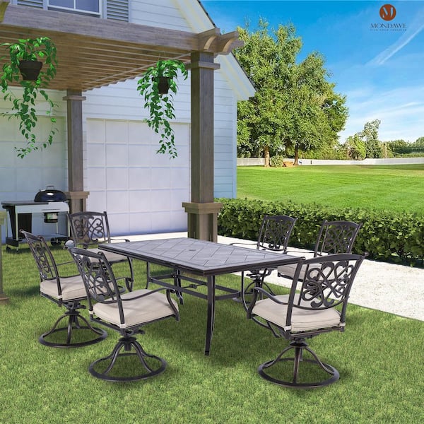 Boyelliving Gray Frame Rectangle Aluminum 28 in. H Outdoor Dining Table with Umbrella Hole and Dark Gold Finished-Boyelliving