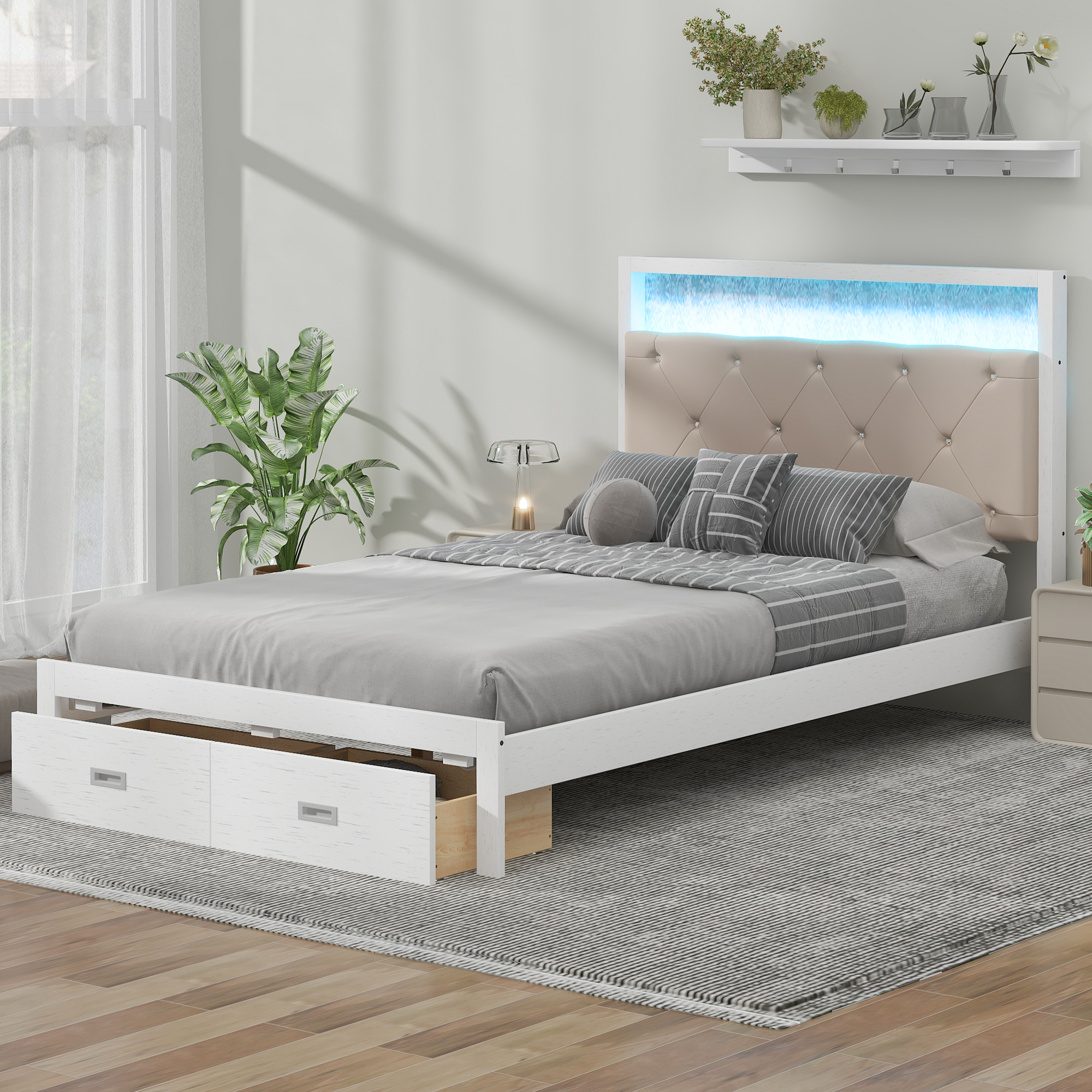 Wood Queen/Full Size Platform Bed with Upholstered Headboard and LED and 2 Drawers, Antique White 