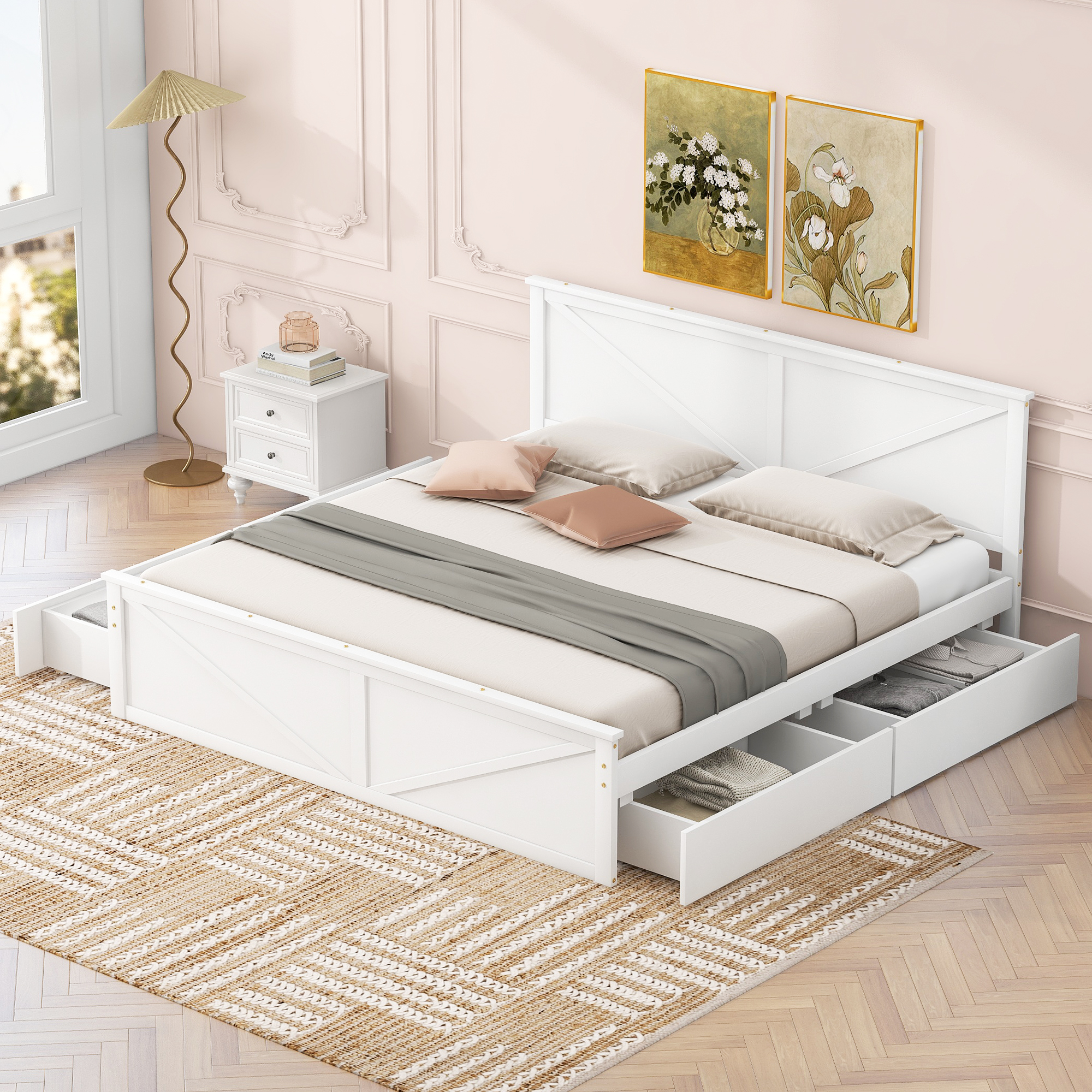 King/Queen Size Wooden Platform Bed with Four Storage Drawers and Support Legs, White/Gray