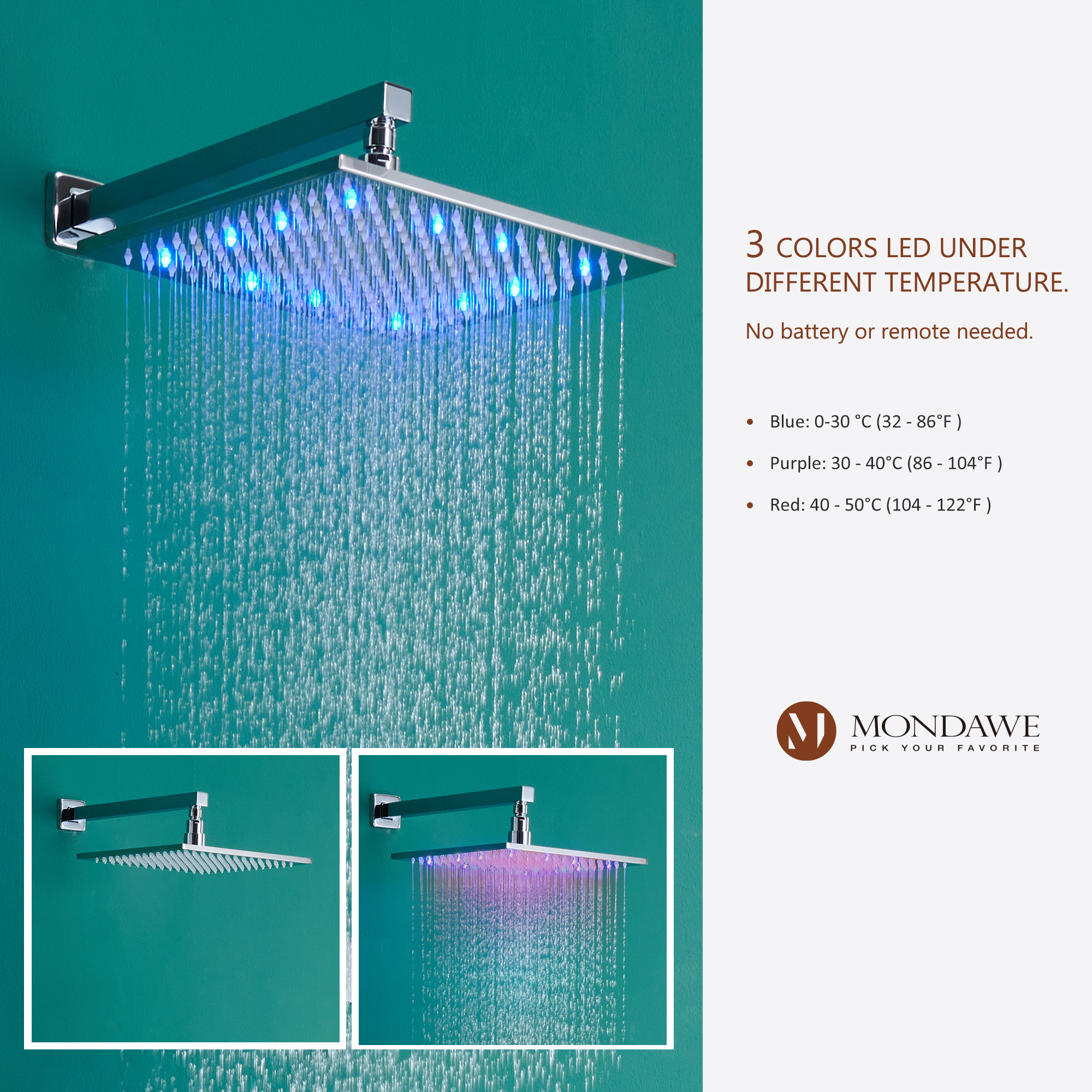 Mondawe Luxury Wall Mount Rain Shower Head with 6 Shower Jet and LED 3-Spray Patterns Thermostatic 12 in. -Mondawe