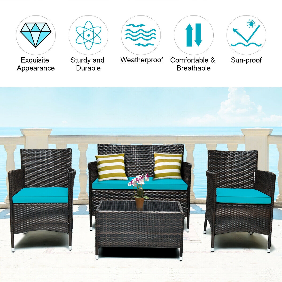 Mondawe 4 Pcs Rattan Outdoor Patio Conversation Furniture Set with Glass Table and Comfortable Wicker Sectional Sofa-Mondawe