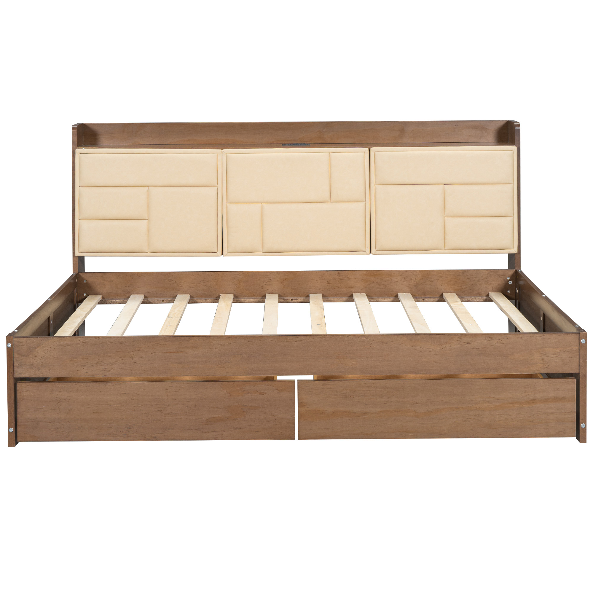 Full/Twin Size Wood Daybed with Upholstered Storage Shelves, USB Ports and 2 Drawers, Wood Color 