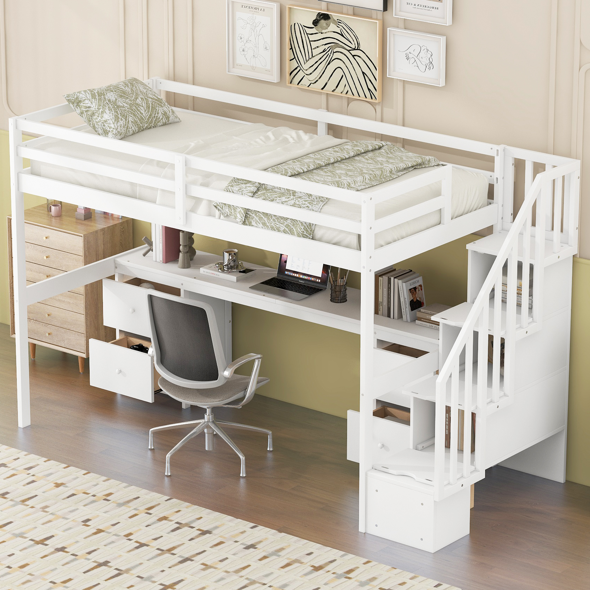 Twin Size Loft Bed Frame with Built-in Desk and Double Storage Drawers,White/Gray