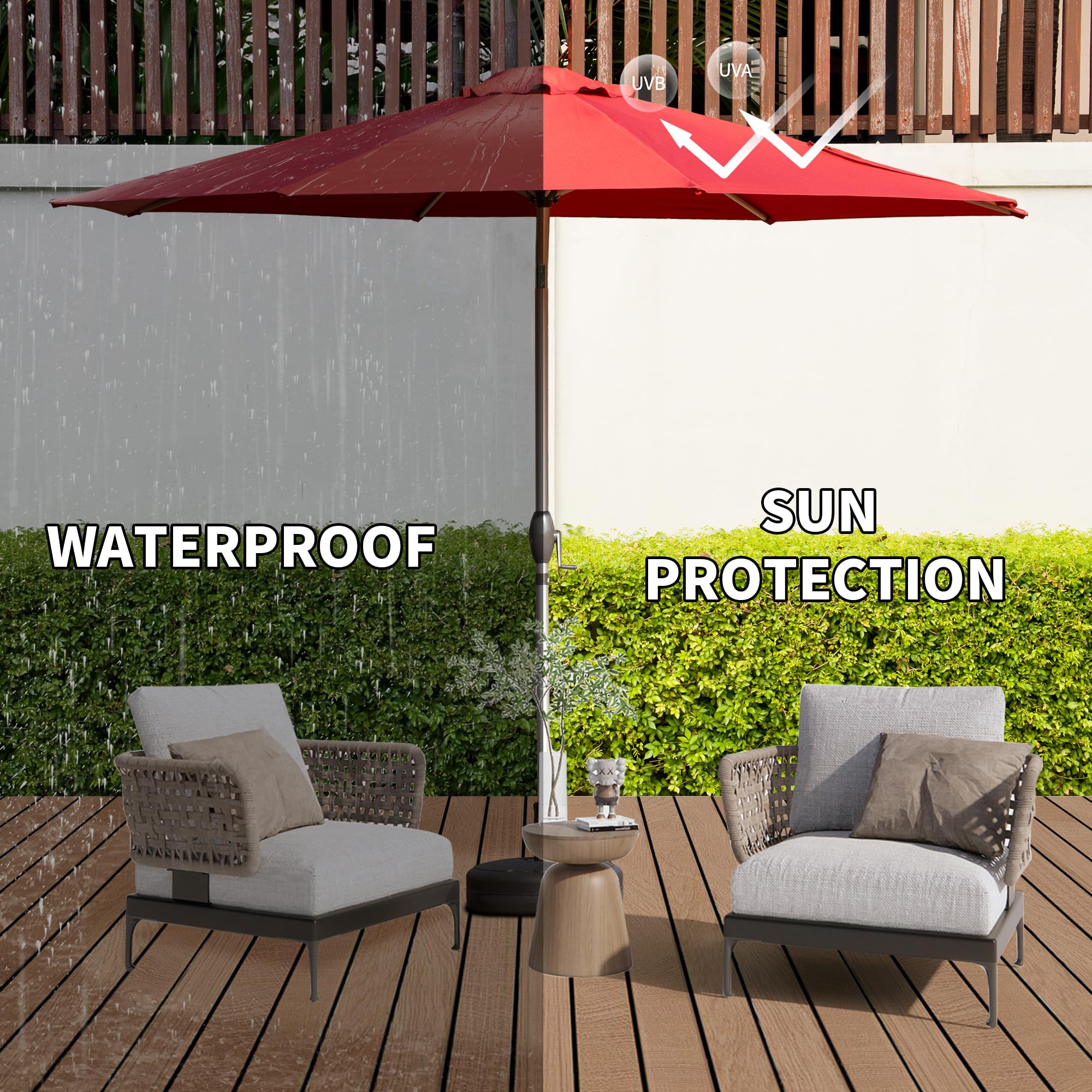 9FT Patio Umbrella, Outdoor Table Umbrella with Push Button Tilt and Crank, UV Protection Waterproof Market Sun Umbrella with 8 Sturdy Ribs for Garden, Deck, Backyard, Pool (Navy Blue/Brick red/Beige/Gray)