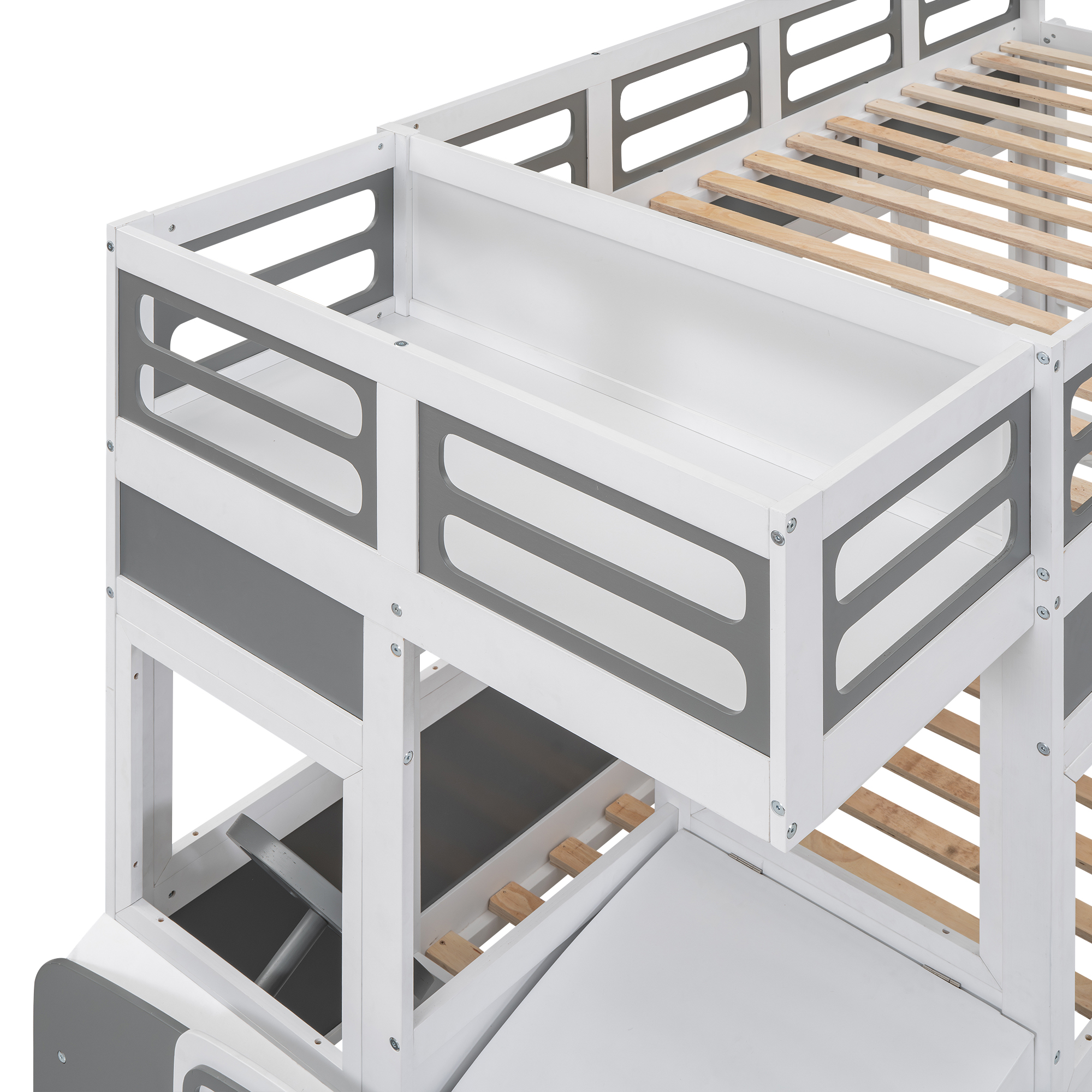 Twin over Twin Bus-shaped Bunk Bed with Wheels and Storage, Gray+White 