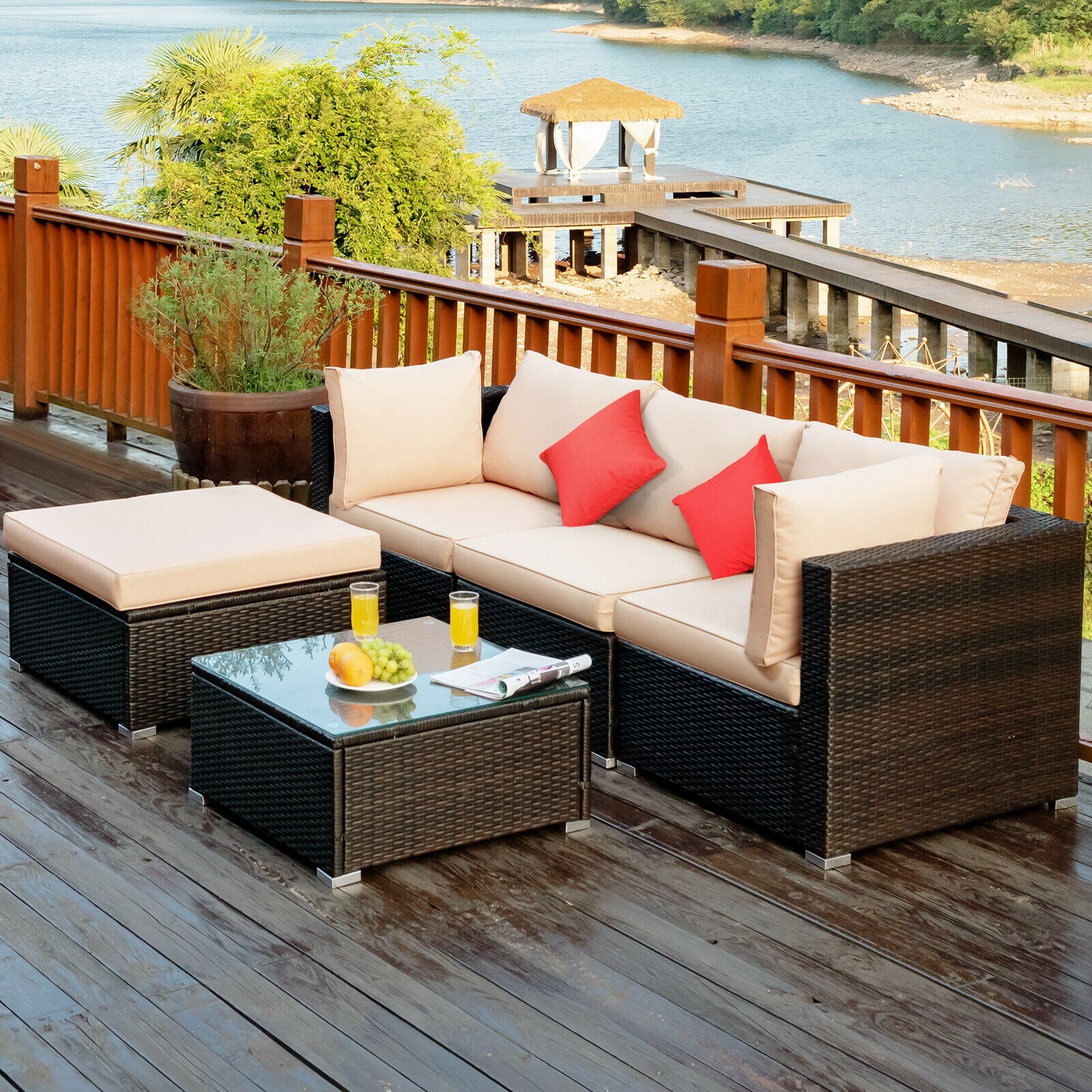 Mondawe 5 Pcs Outdoor Patio Rattan Furniture Set Sectional Conversation-Mondawe