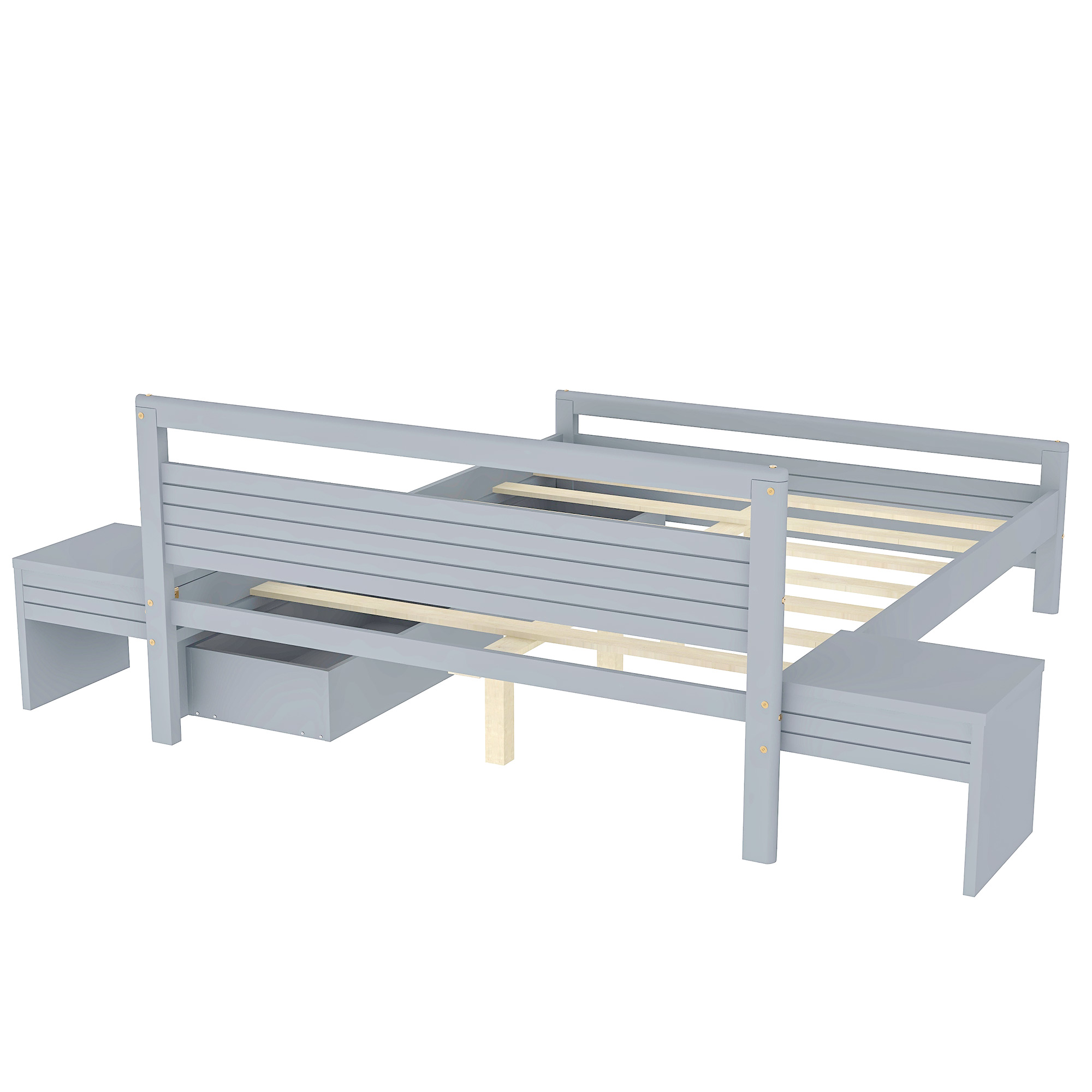 Queen Size Wooden Platform Bed with 2 Storage Drawers and 2 bedside tables, Gray/White 