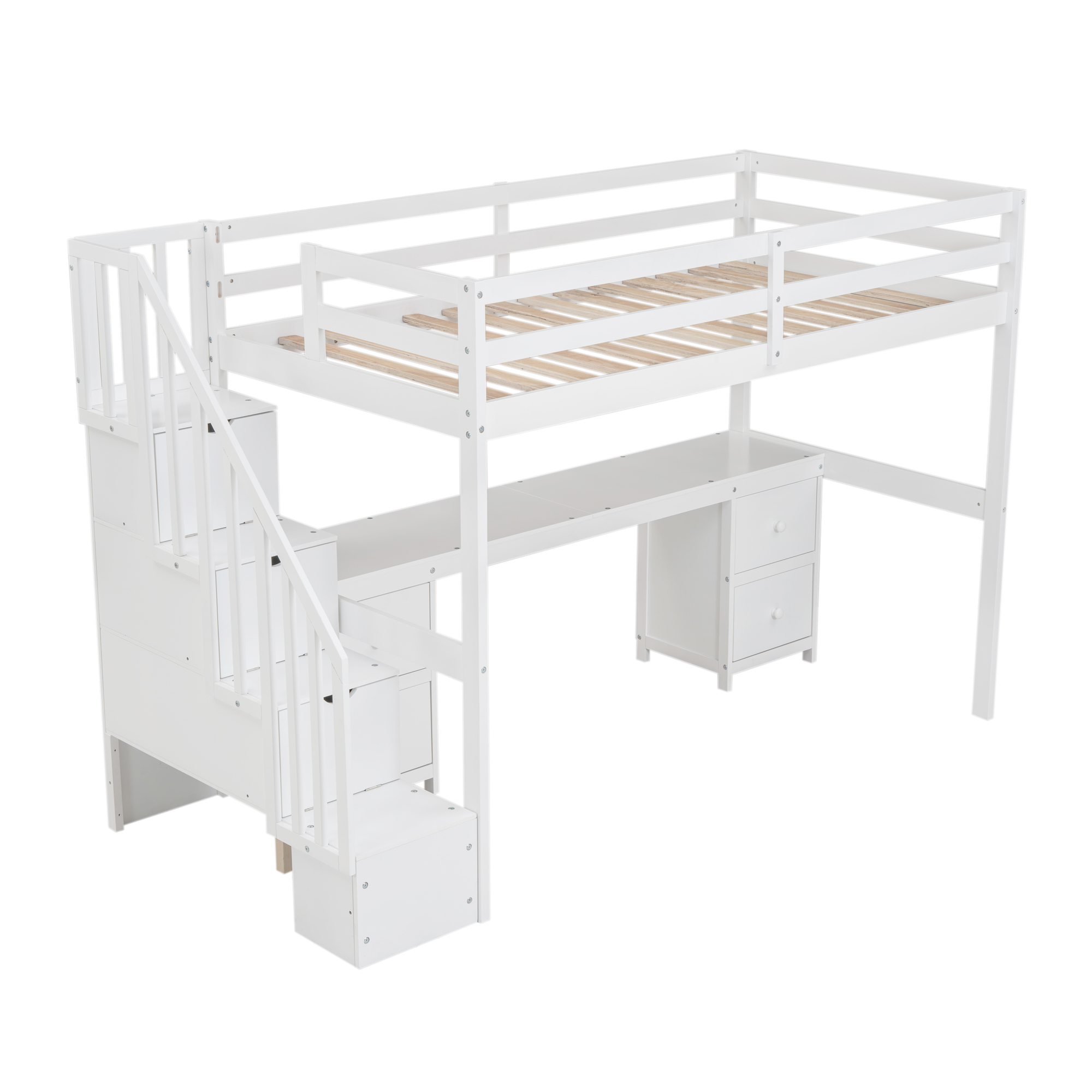 Twin Size Loft Bed Frame with Built-in Desk and Double Storage Drawers,White/Gray
