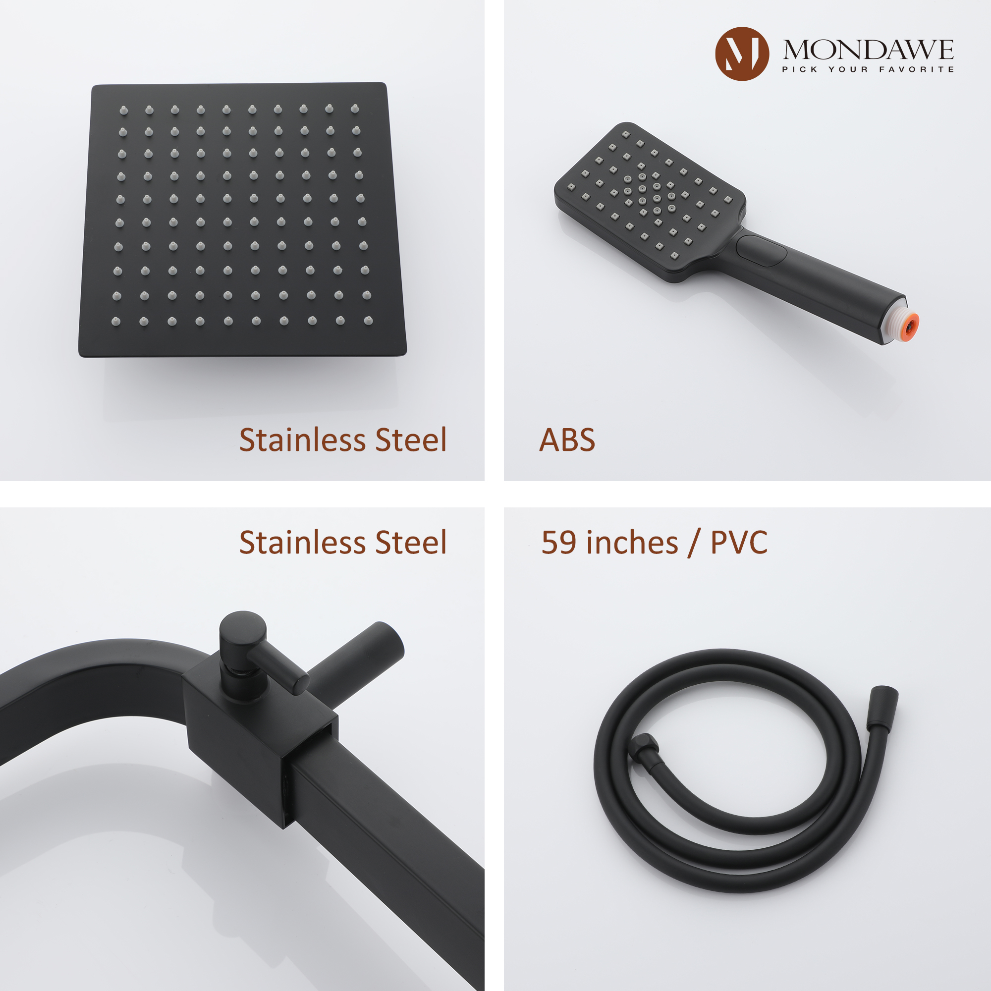 Mondawe Stainless Steel Thermostatic Shower Bar System in Black/Chrome(Square)-Mondawe