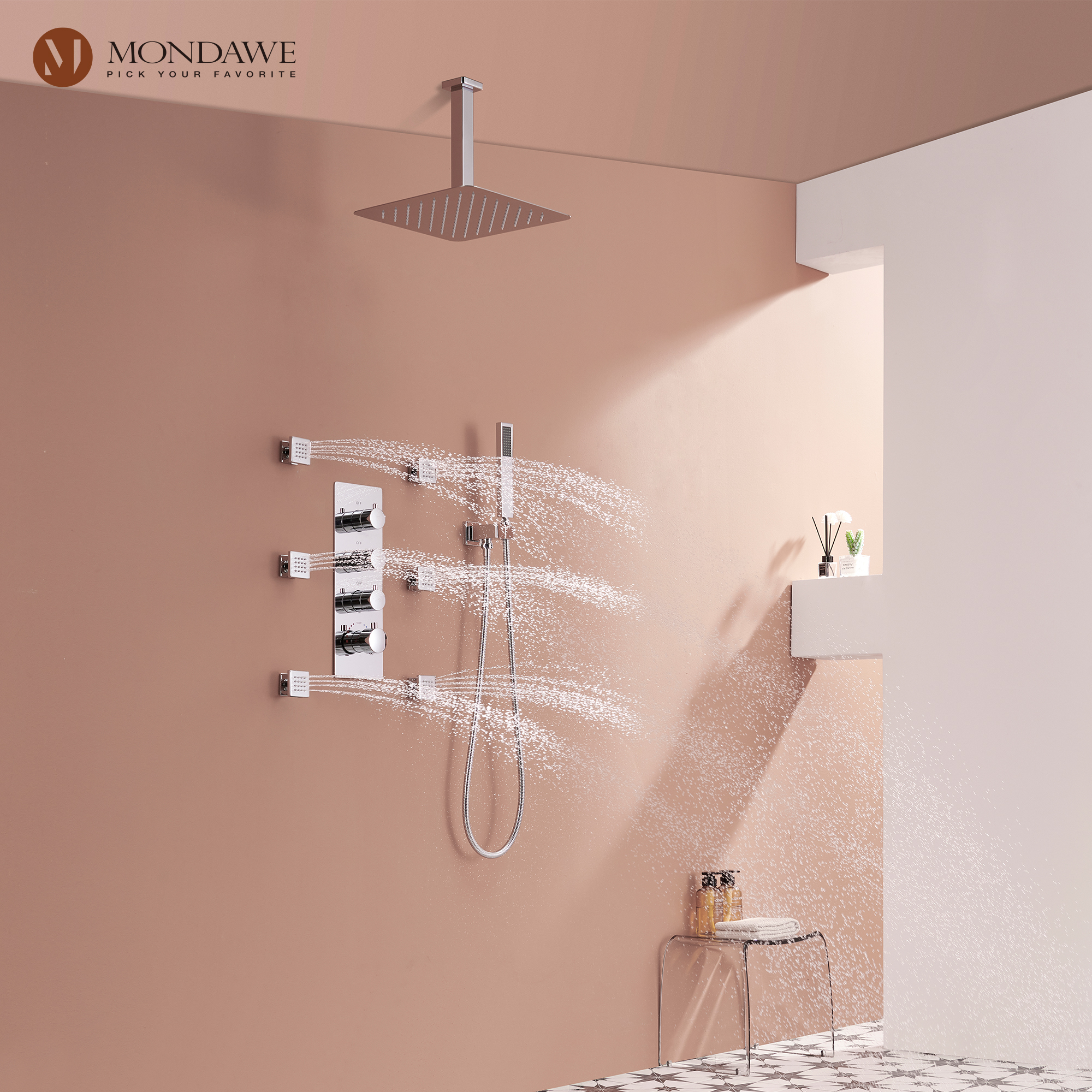 Mondawe Ceiling Mount Thermostatic Rainfall Shower System Set with Hand Held Shower Head and 6 Body Jets-Mondawe