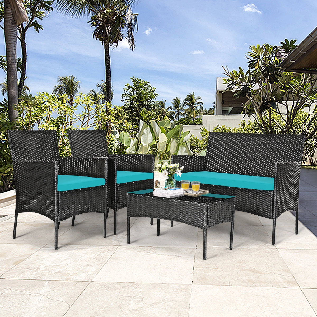 Mondawe 4 Pcs Patio Rattan Cushioned Sofa Furniture Set with Tempered Glass Coffee Table-Turquoise-Mondawe