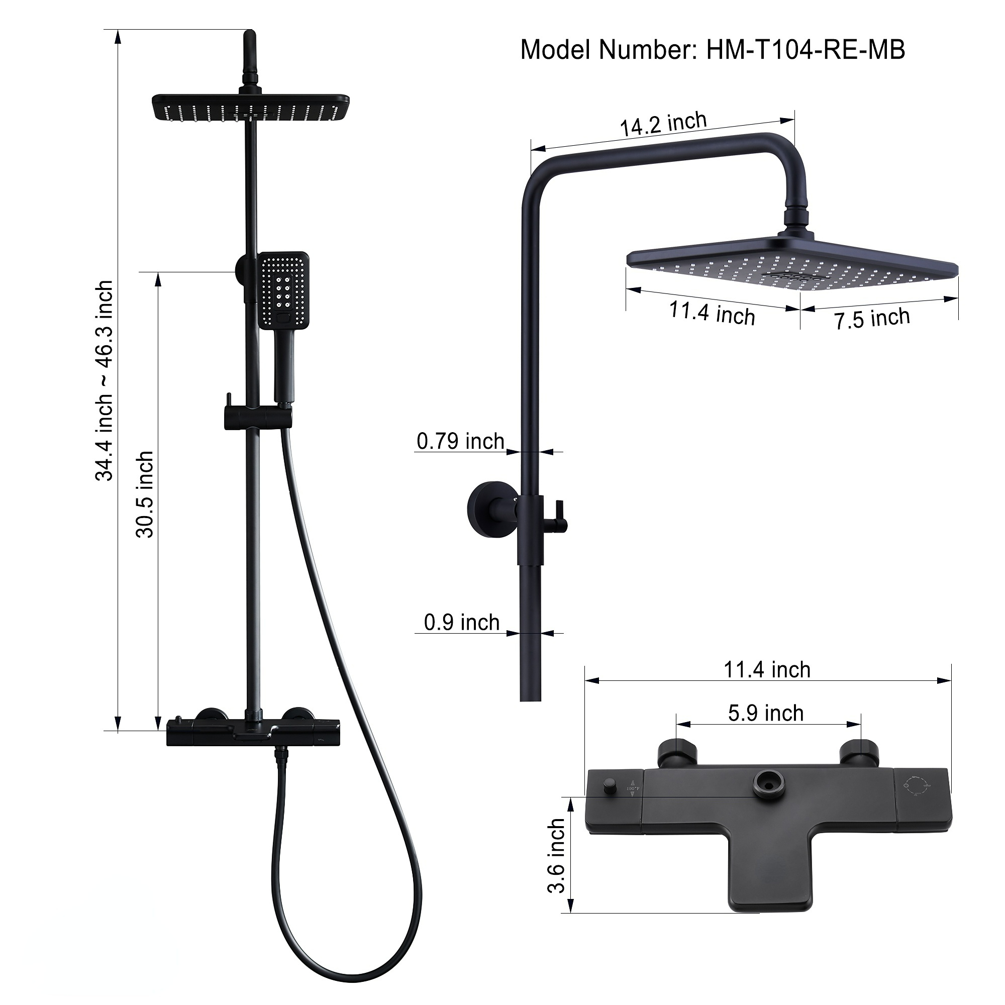 11.4*7.5" Thermostatic Rain Shower System with Tub Spout in Matte Black