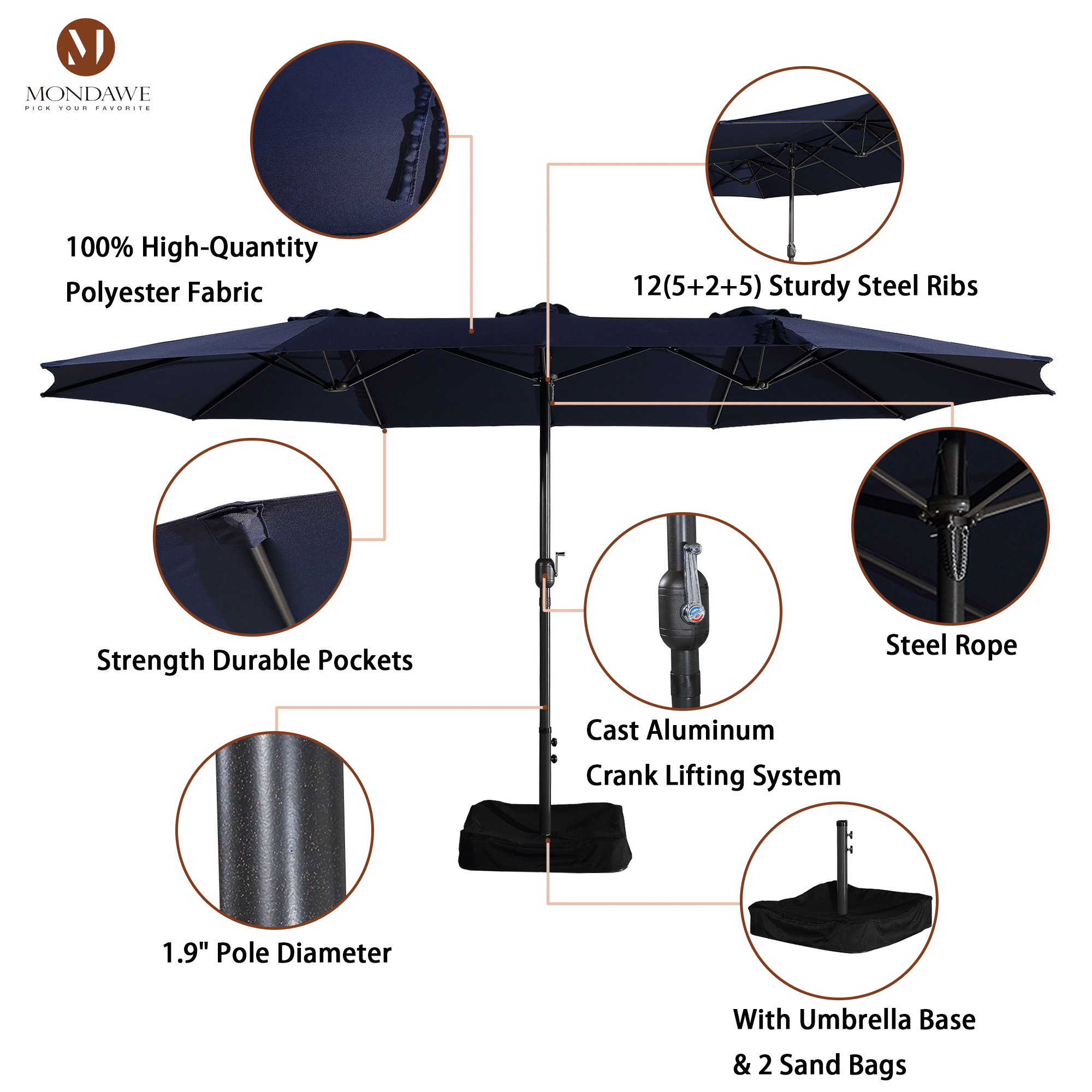 Mondawe 15ft Rectangular Patio Market Umbrella with Base and Crank-Mondawe