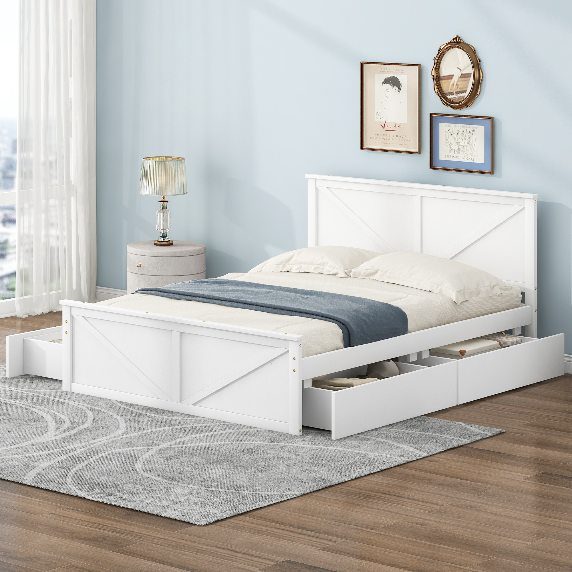 King/Queen Size Wooden Platform Bed with Four Storage Drawers and Support Legs, White/Gray