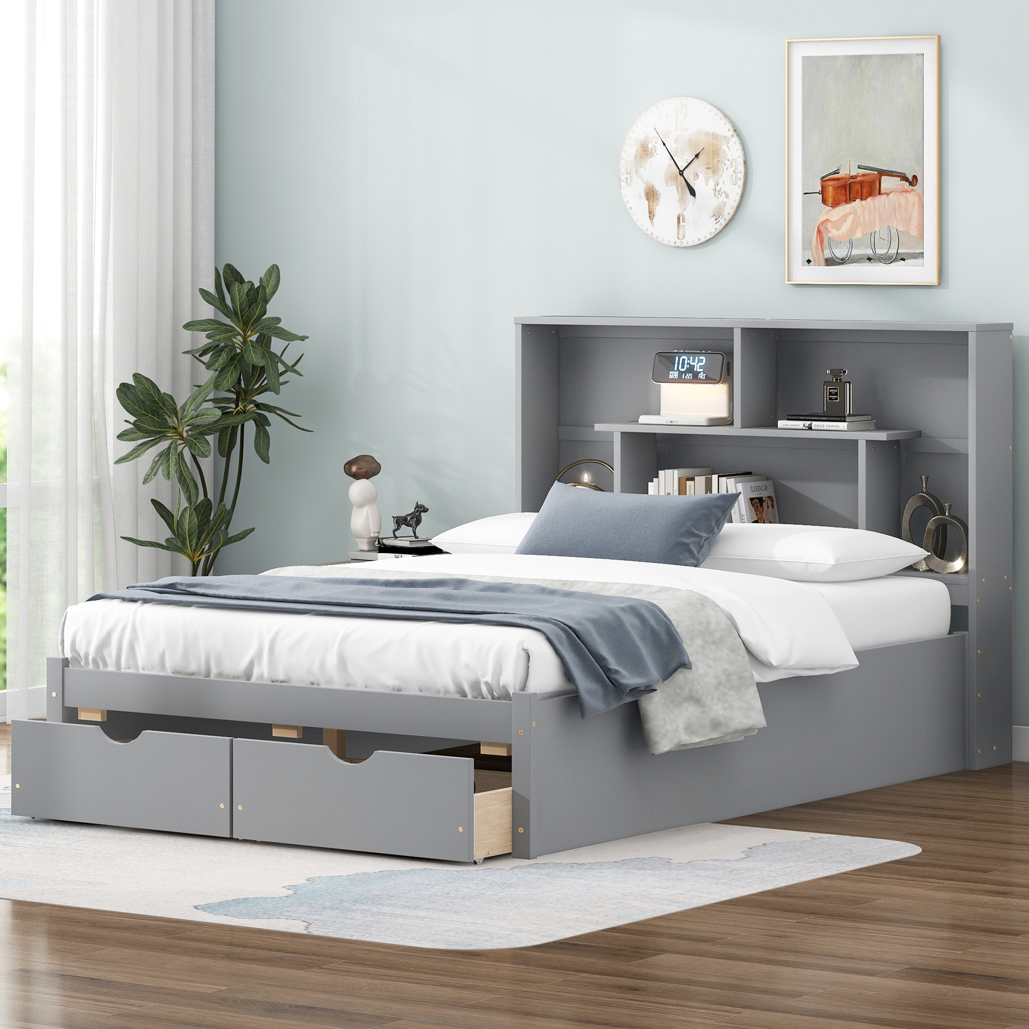 Full/Queen Size Platform Bed with Storage Headboard and 2 Drawers, Gray/White