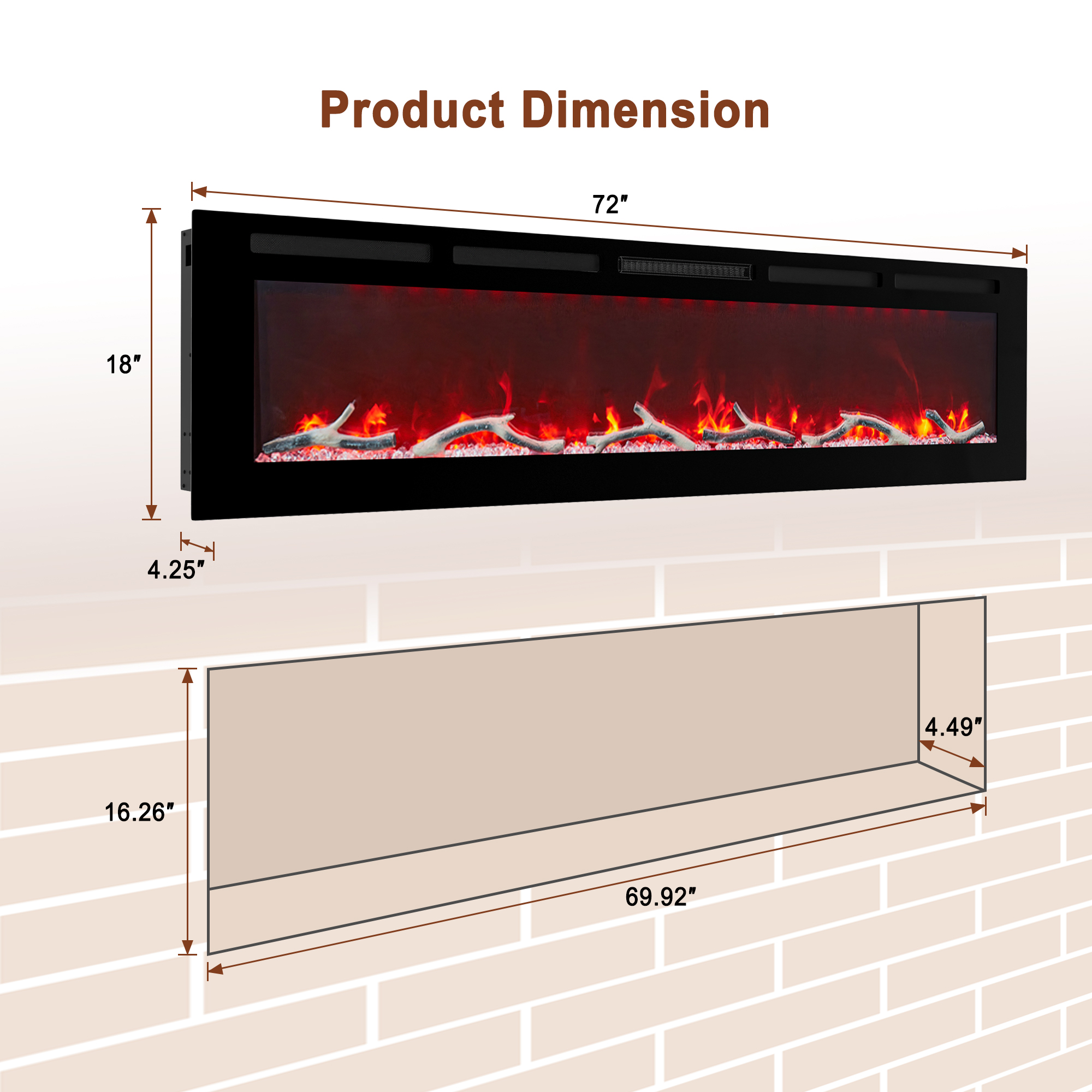 36/42/60/72 in. 4780 BTU Recessed/Wall-mounted Electric Fireplace