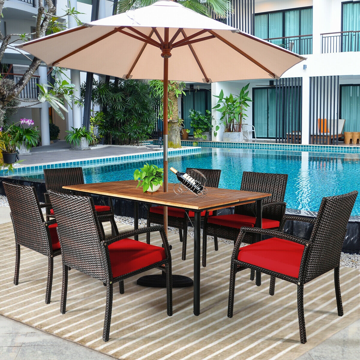 Mondawe 7Pcs Patio Rattan Cushioned Dining Set with Umbrella Hole-Red-Mondawe