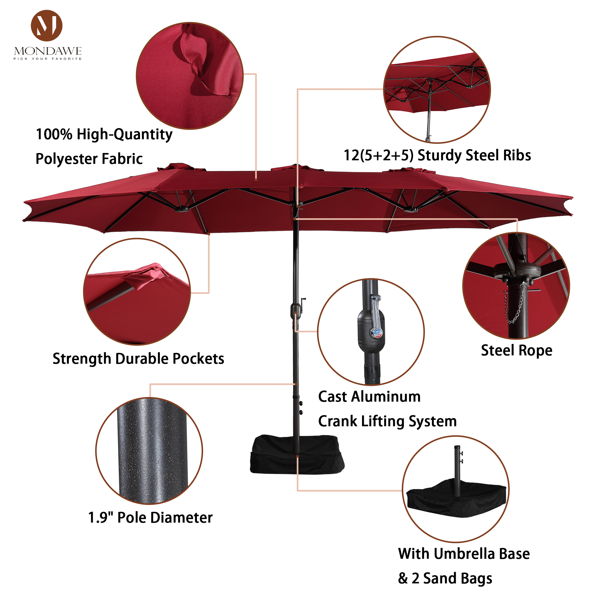 Mondawe 15ft Rectangular Patio Market Umbrella with Base-Mondawe