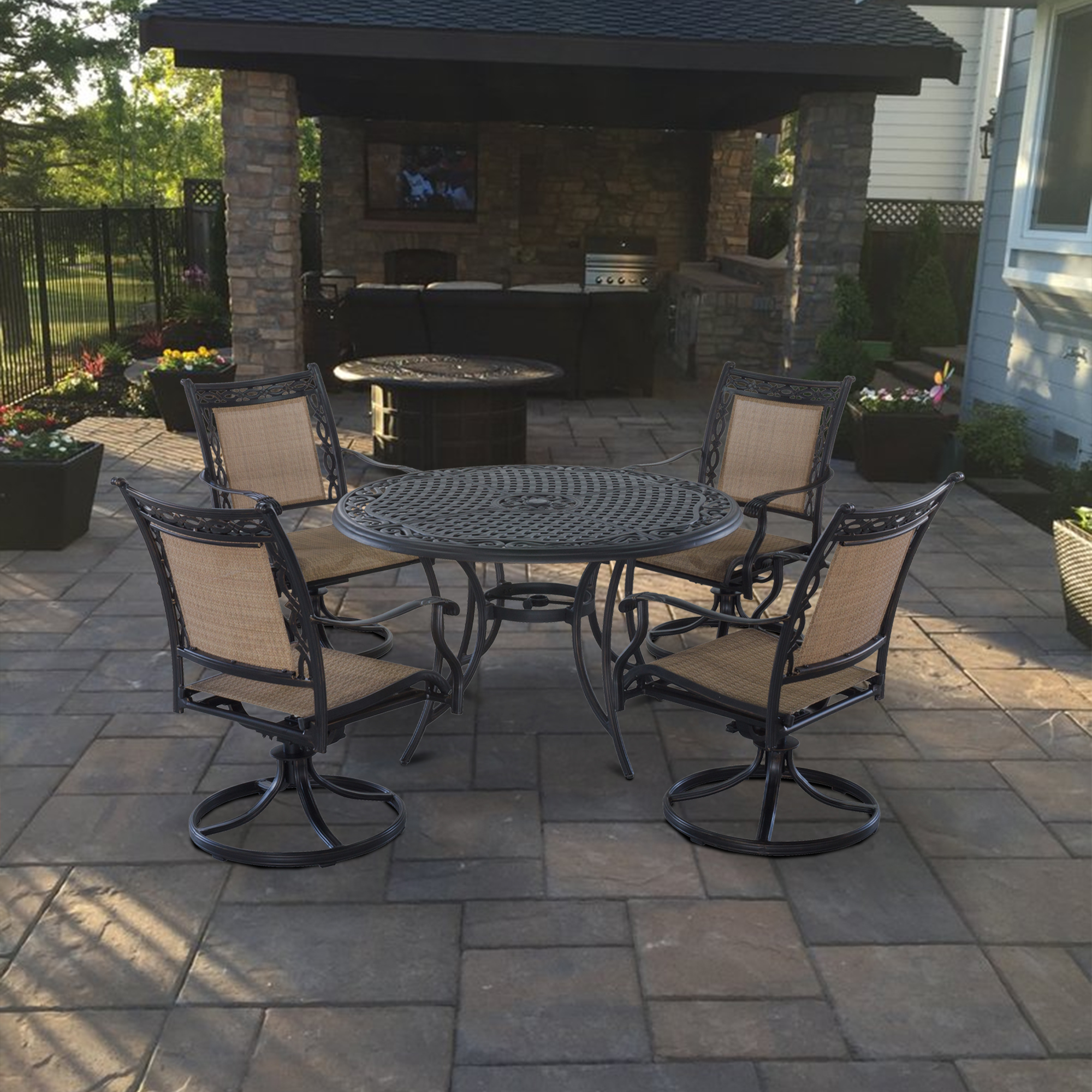 Mondawe 5-Piece Outdoor Patio Cast Aluminum Swivel Chair Set with Round Table(Brown)-Mondawe