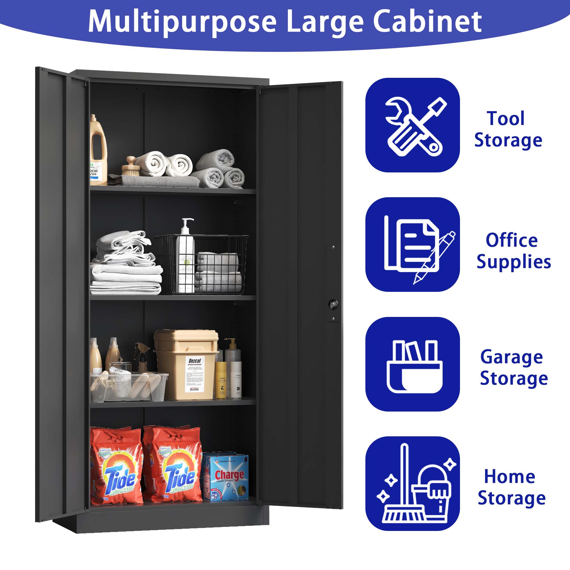 71"H Metal Garage Storage Cabinet, Black/White Tool Steel Locking Cabinet with Doors and 3 Shelves, Tall Cabinets for Garage Storage Systems Lockable File Cabinet for Home Office