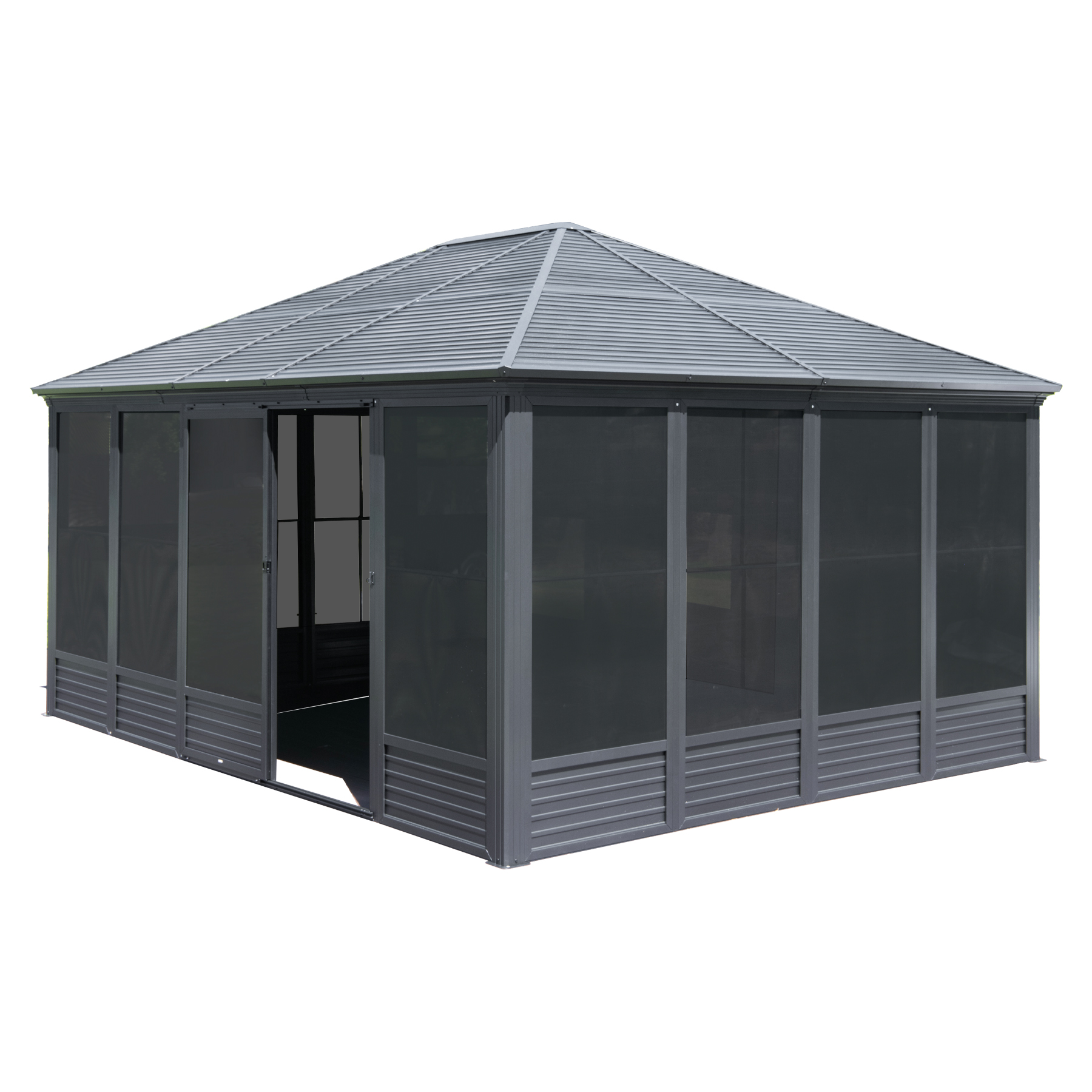 13x16.5FT Sunroom, Four Season Solarium Aluminum Hardtop Gazebo with Galvanized Steel Roof, Movable PVC Screen Walls, Sliding Doors, Sun Room Pavilion Gazebo for Patio Deck Backyard, Gray