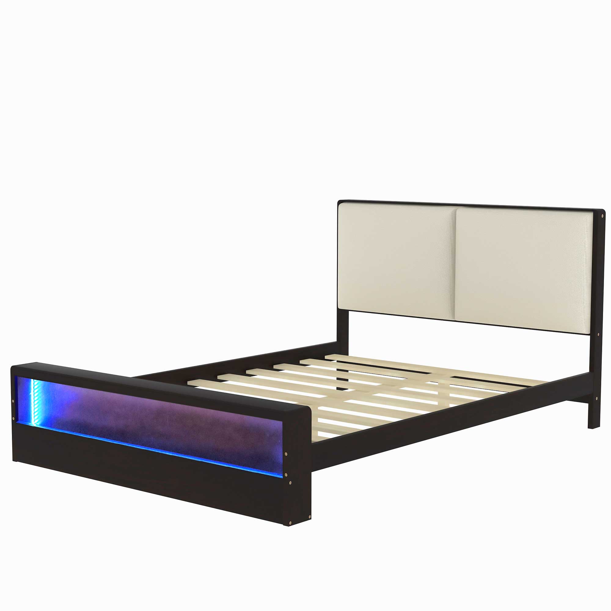 King/Queen Size Platform Bed Frame with Upholstery Headboard and Bookshelf in Footboard and LED Light Strips, Espresso