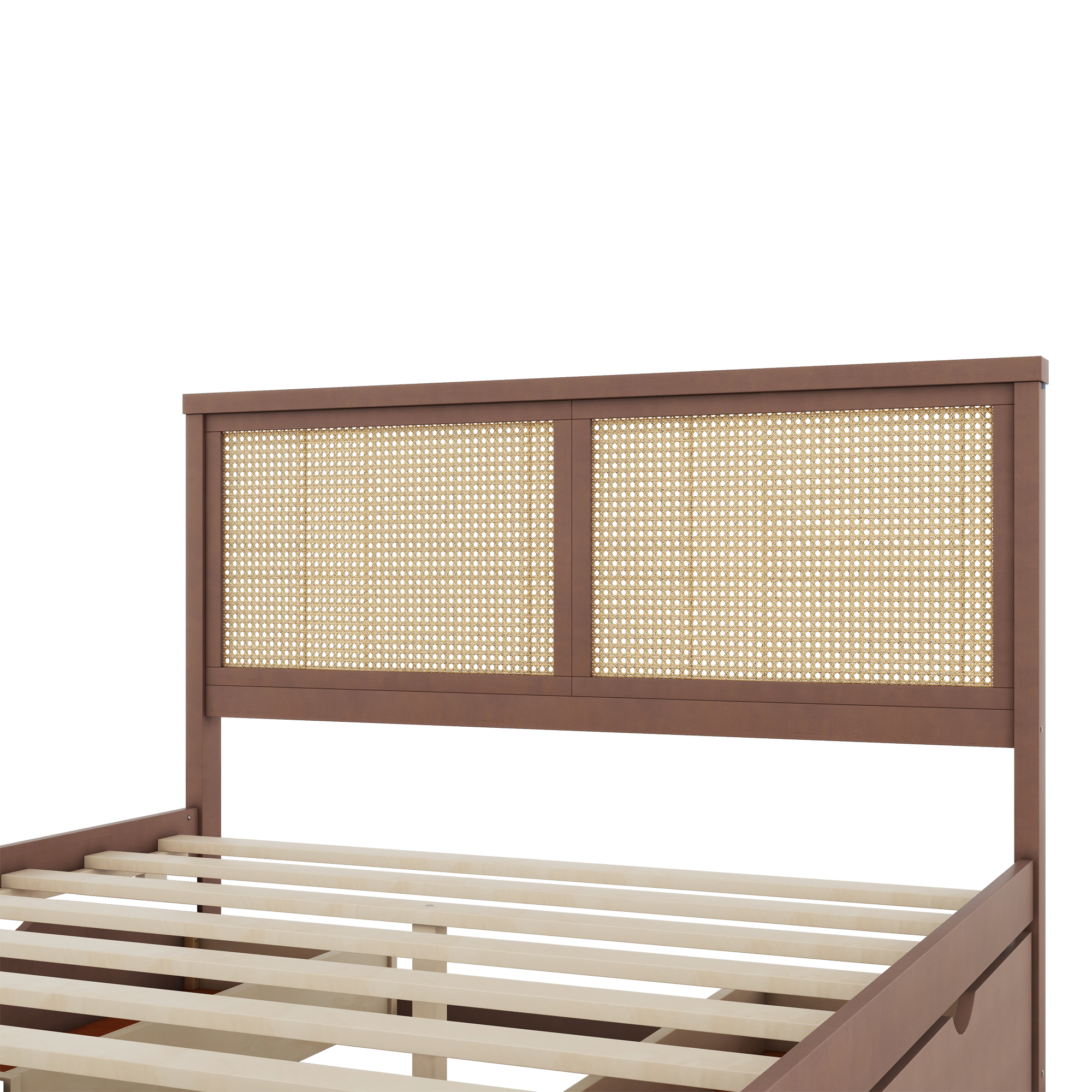 Queen/Full Size Wood Storage Platform Bed with 4 Drawers, Rattan Headboard, Espresso/Nature 