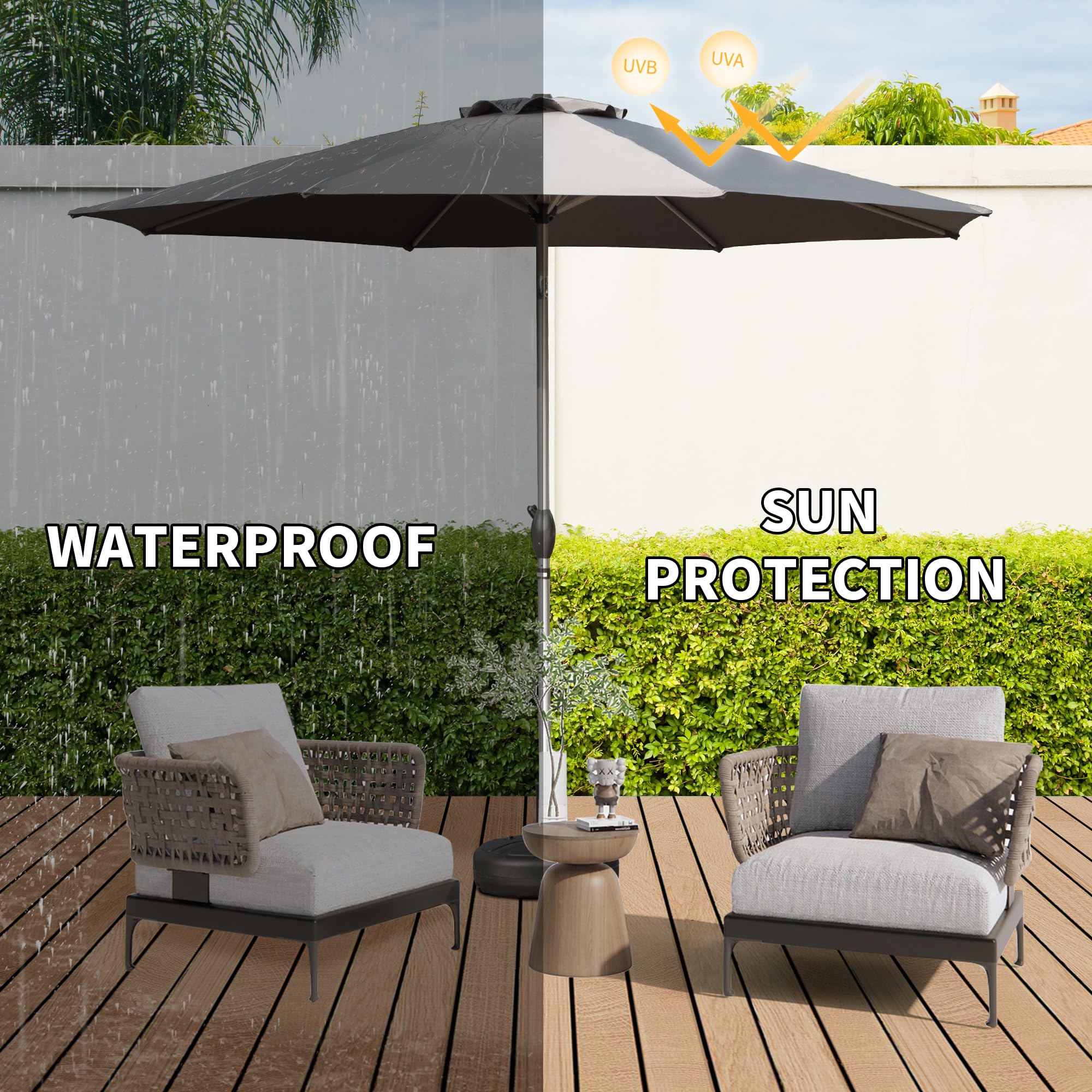 10FT Patio Umbrella, Outdoor Table Umbrella with Push Button Tilt and Crank, UV Protection Waterproof Market Sun Umbrella with 8 Sturdy Ribs for Garden, Deck, Backyard, Pool (Brick red /Navy Blue /Gray)