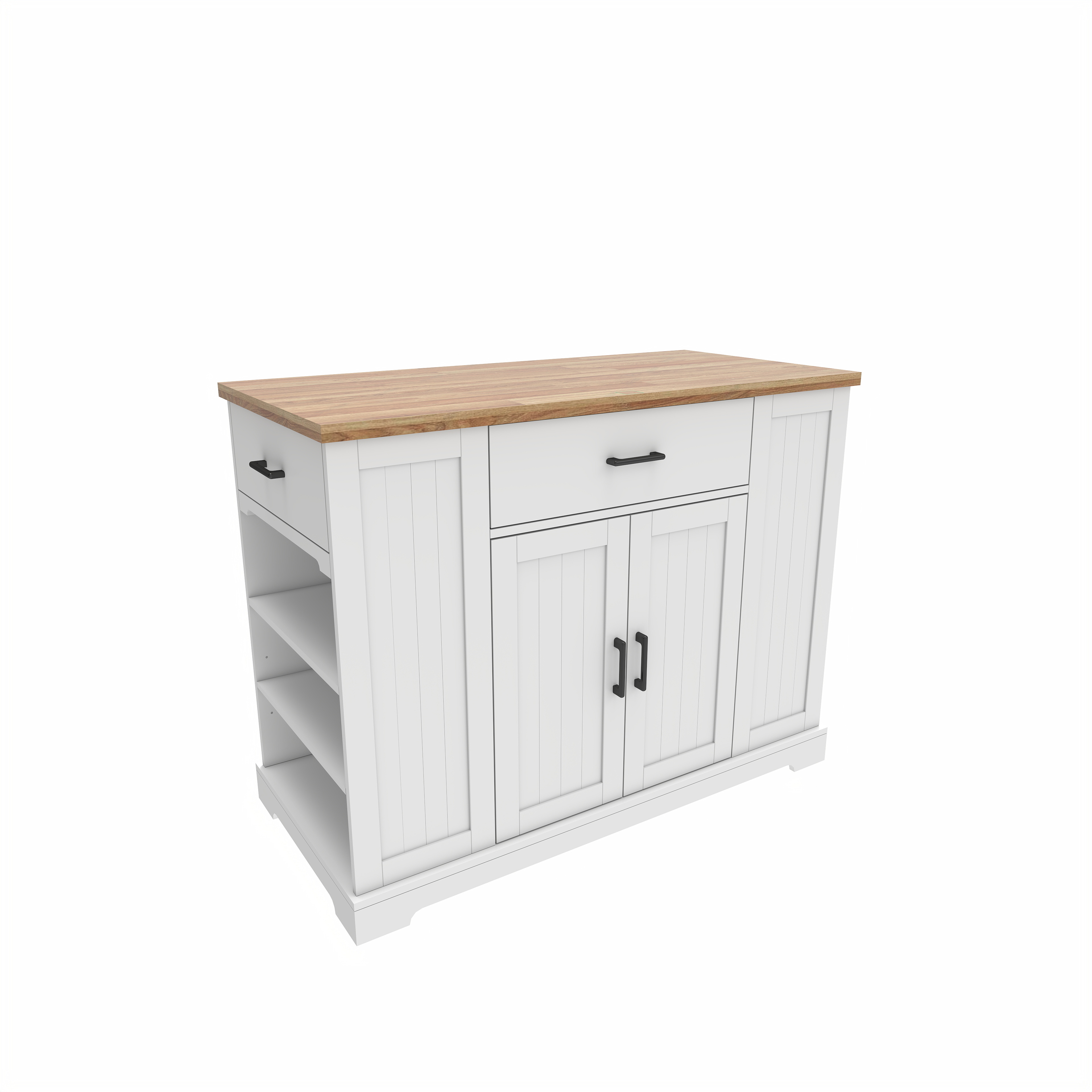 46.2'' Multi-Storage Kitchen Island with Rubber Wood Tabletop, Large Farmhouse Kitchen Cart with Adjustable Shelves and Drawers, Dinning Table Bar with Storage Cabinet for Kitchen 
