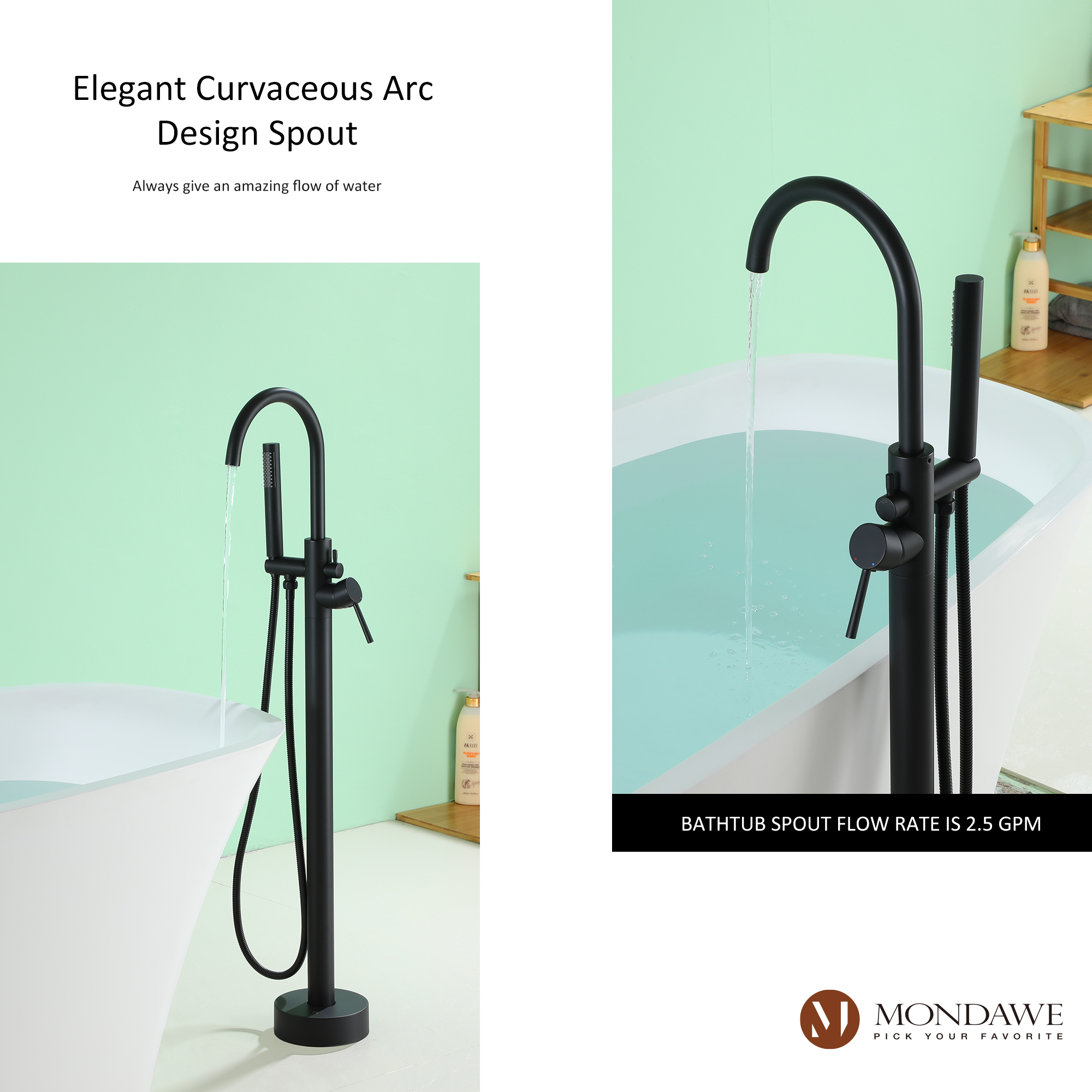 Mondawe Freestanding Shower Head For Matte Black Bathtub Faucet With Solid Brass Body-Mondawe