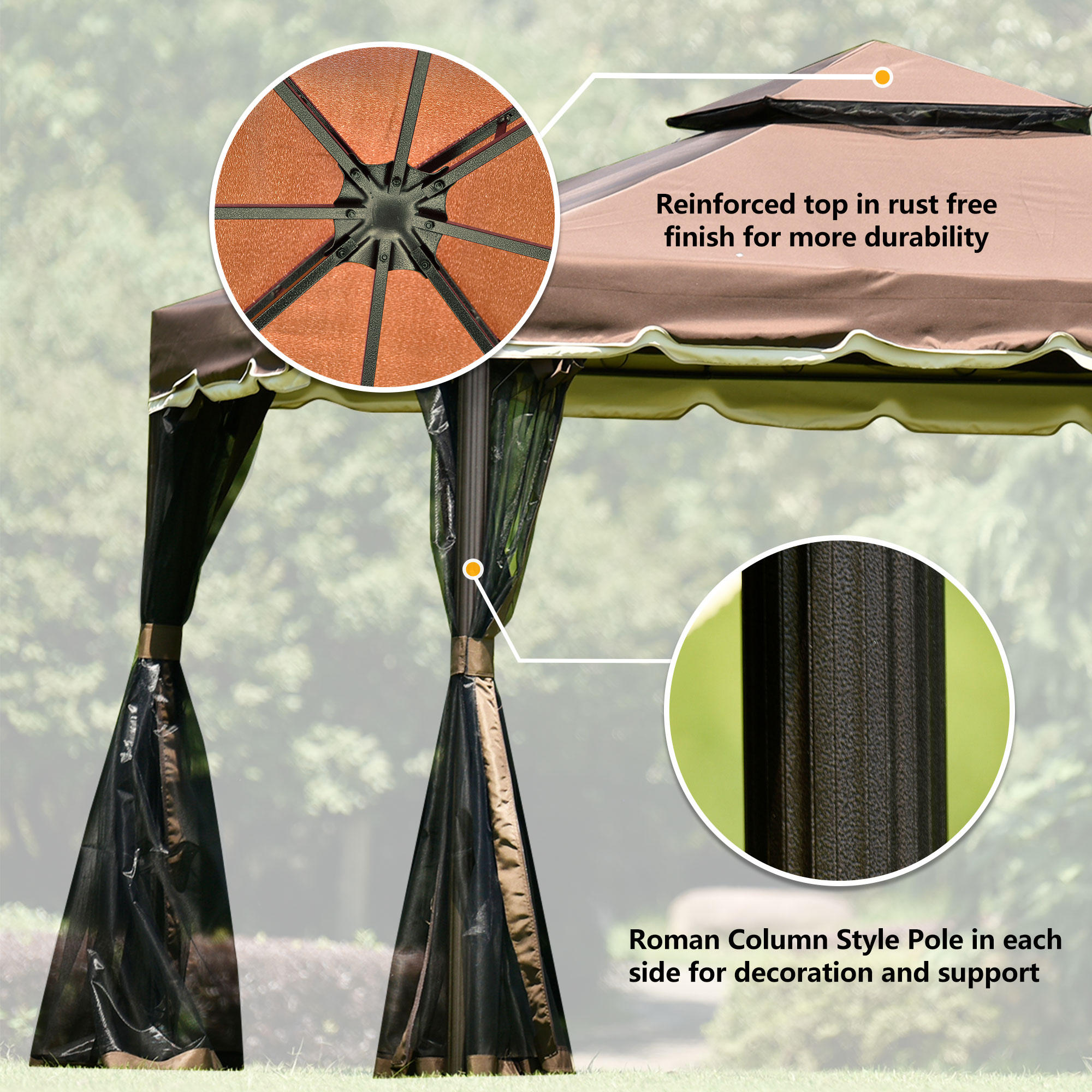 Mondawe 9.8Ft. Wx9.8Ft.L Outdoor Iron Vented Dome Top Patio Gazebo with Netting for Backyard Poolside and Deck Brown-Mondawe