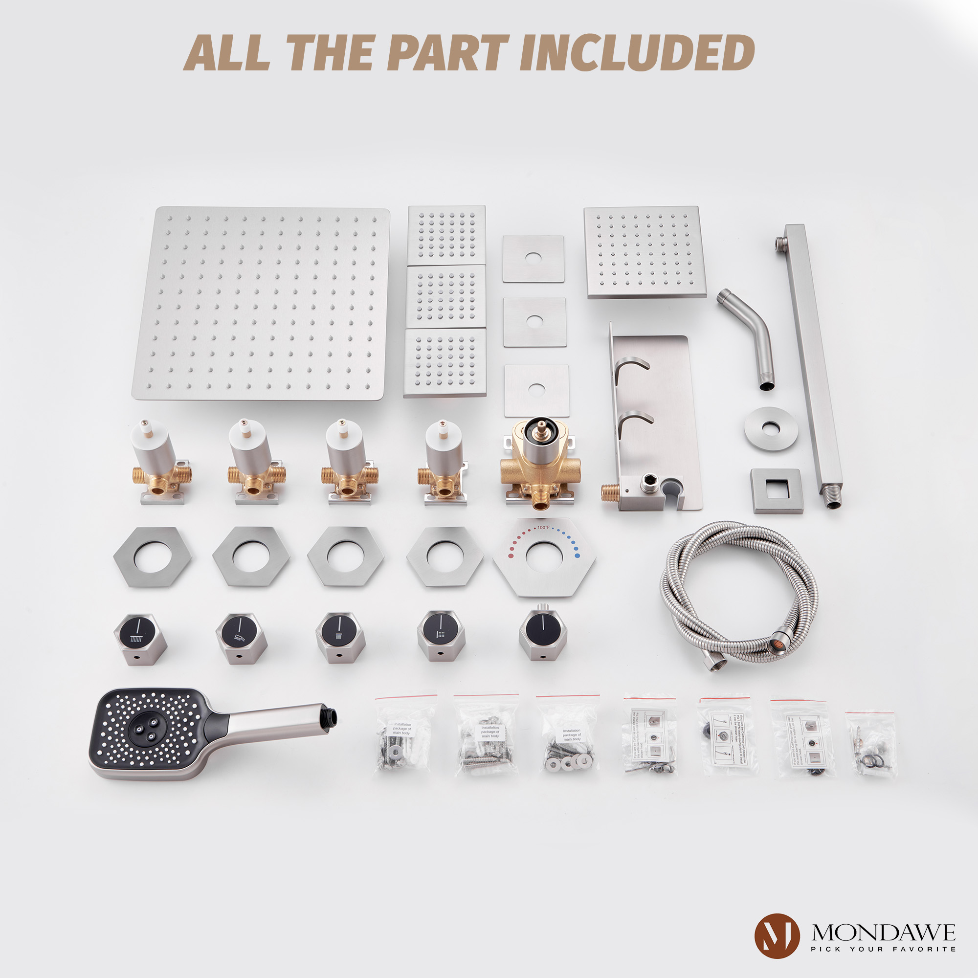 Mondawe Thermostatic 4 Functions 12-inch Wall Mounted Rainfall Dual Shower Heads with Handheld and Body Jets (Rough-in Valve Included)-Mondawe