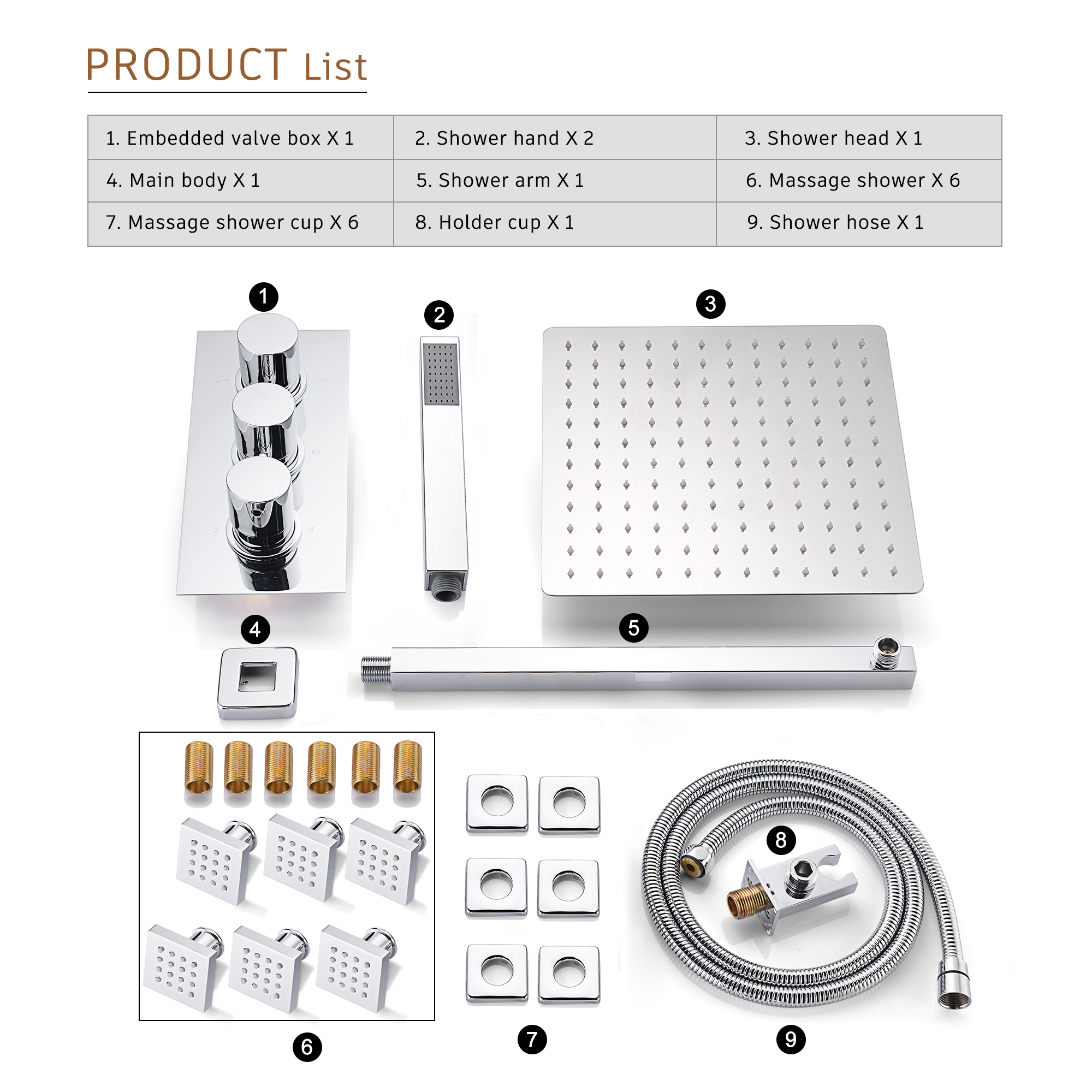 12" Thermostatic Complete Shower System with Rough-in Valve & 6 Body Jets Brushed Gold/Chrome/Matte Black