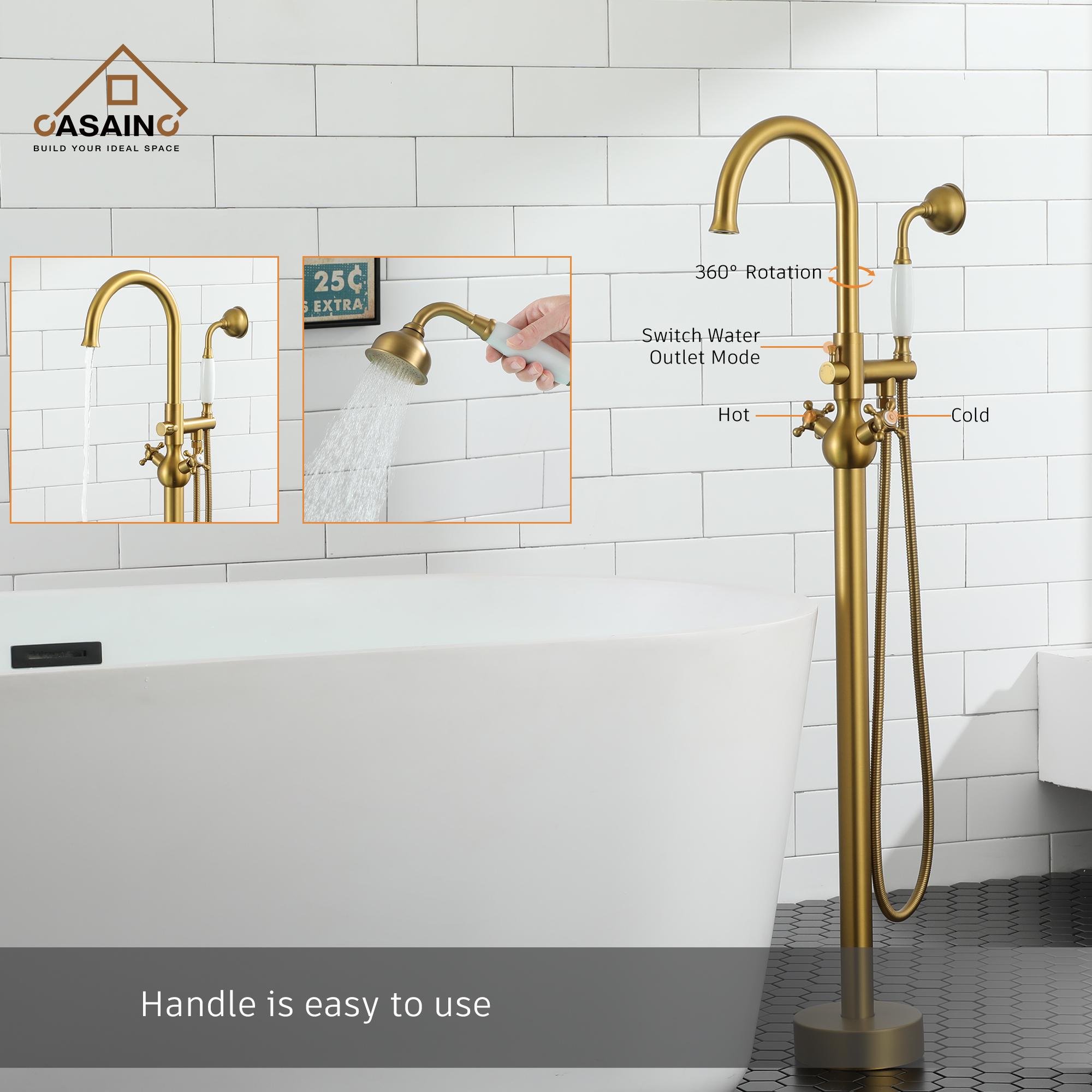 Vintage 2-Handle Floor-Mount Buthtub Freestanding Roman Tub Faucet in Brushed Brass