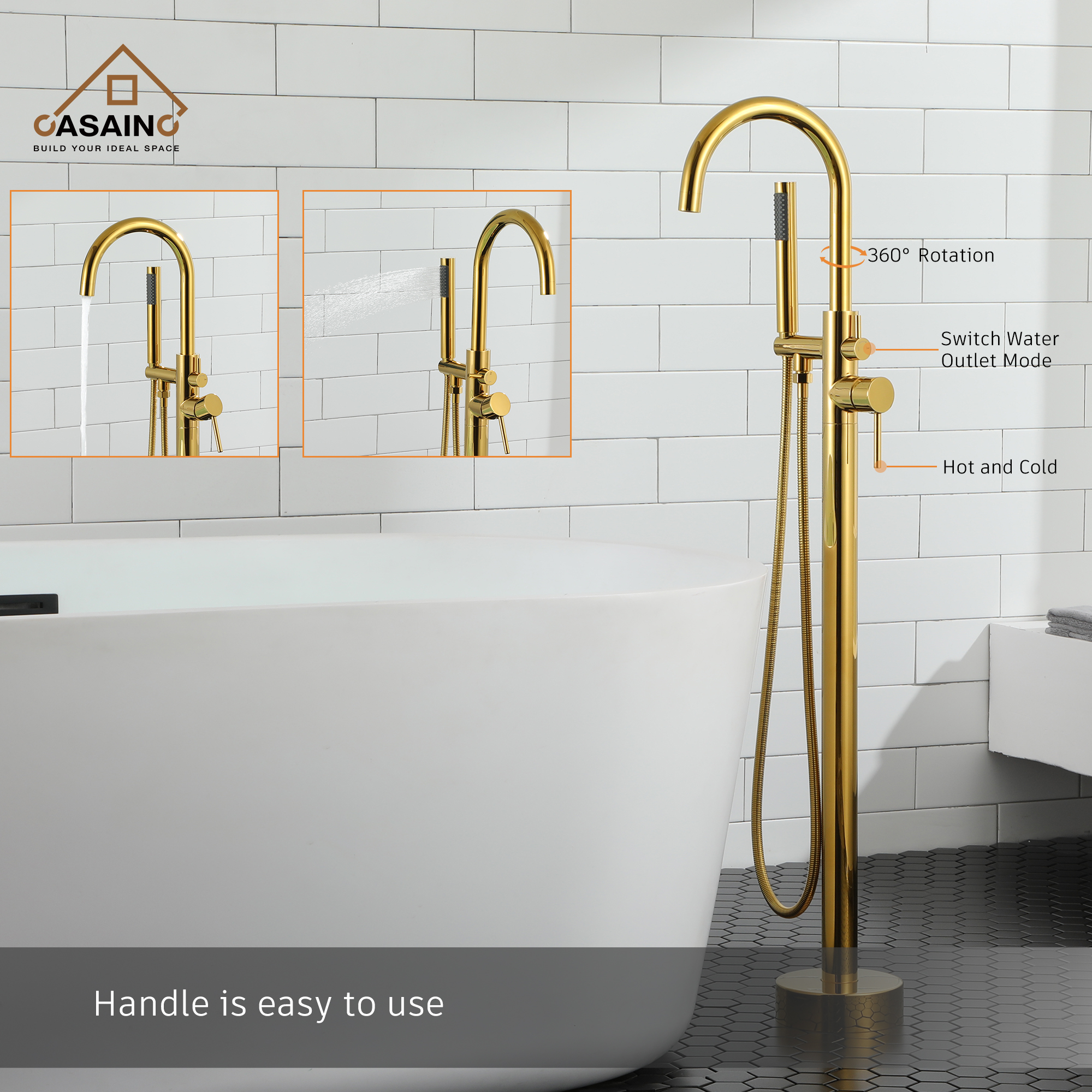 Single-Handle Floor Mounted Claw Foot Freestanding Tub Faucet in Titanium Gold