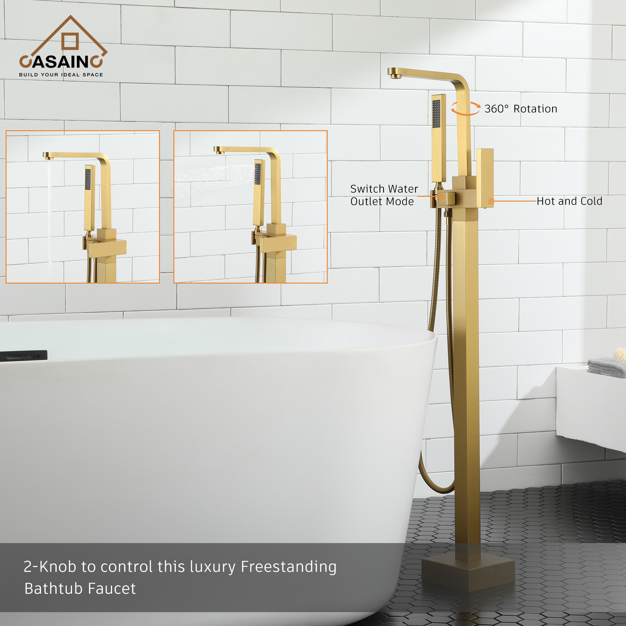 Single-Handle Free-Standing Tub Faucet with Rectangle Hand Shower in Brushed Brass/Brushed Nickel/Oil Rubbed Bronze/Matte Black