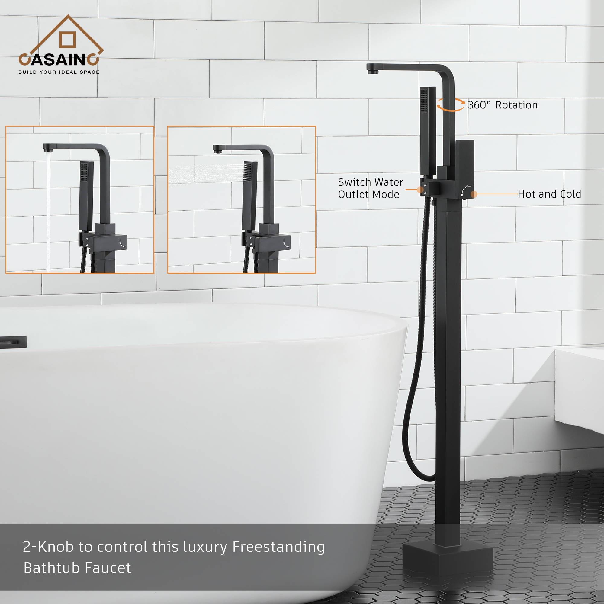 Single-Handle Free-Standing Tub Faucet with Rectangle Hand Shower in Brushed Brass/Brushed Nickel/Oil Rubbed Bronze/Matte Black