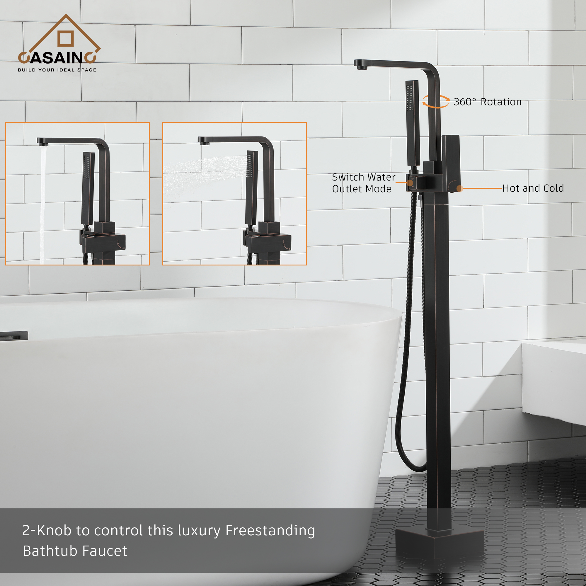 Single-Handle Free-Standing Tub Faucet with Rectangle Hand Shower in Brushed Brass/Brushed Nickel/Oil Rubbed Bronze/Matte Black