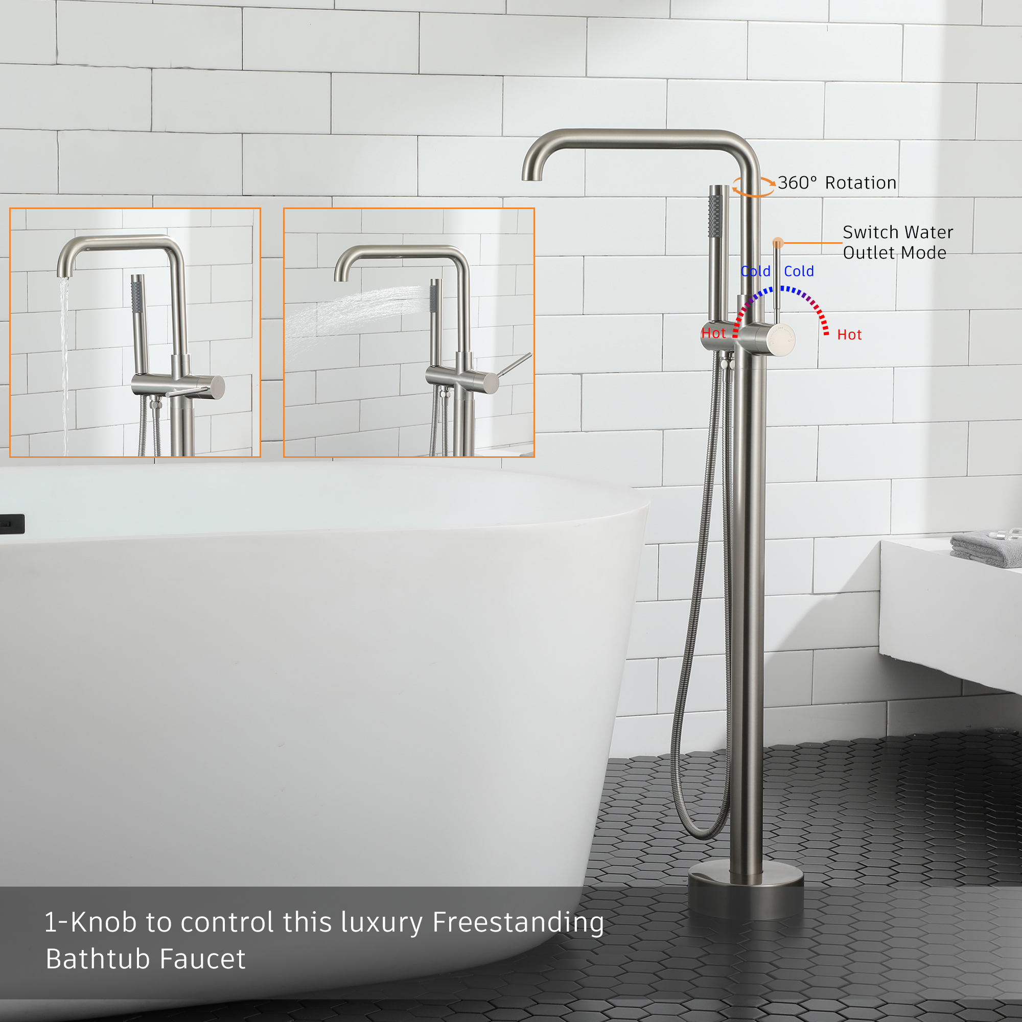 Single-Handle Freestanding Floor Mount Roman Tub Faucet Bathtub Filler with Hand Shower in Matte Black