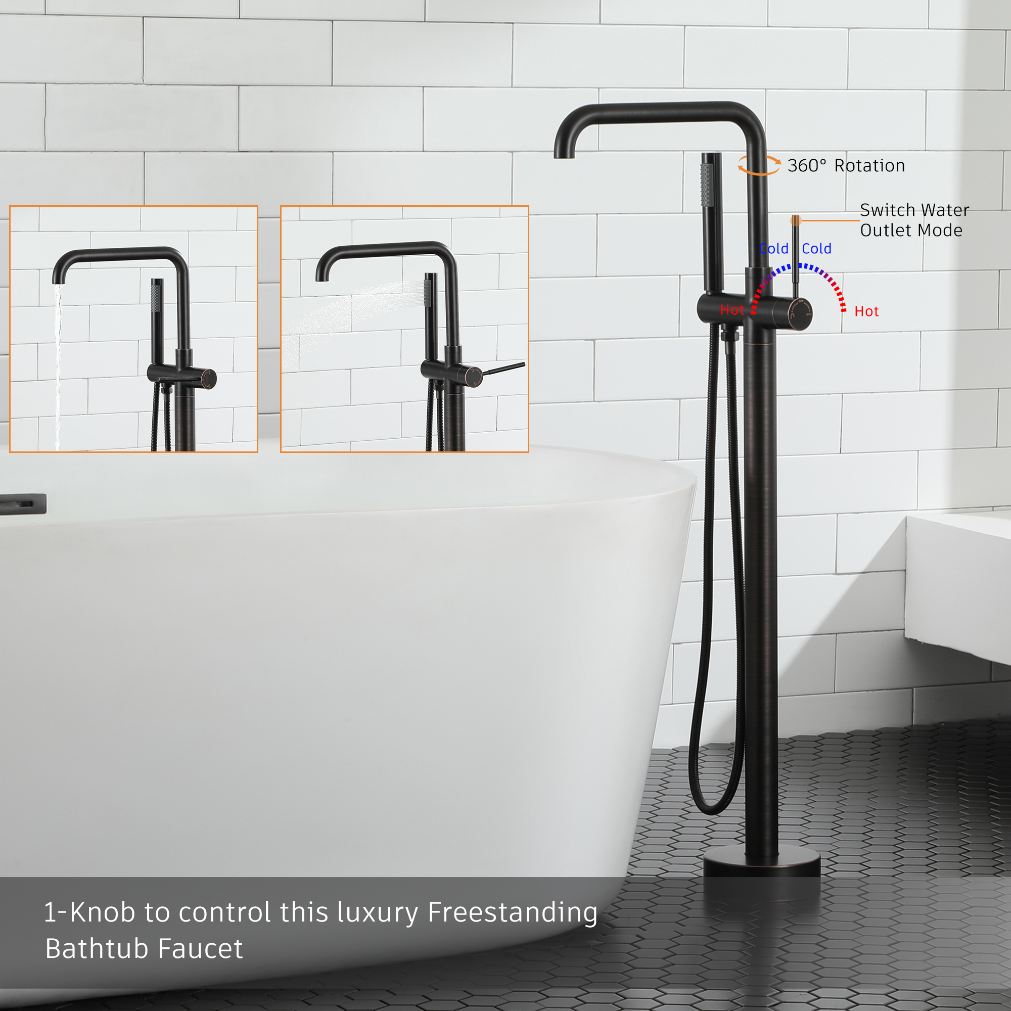 Waterfall Freestanding Bathtub Faucet with Hand Shower and Swivel Spout