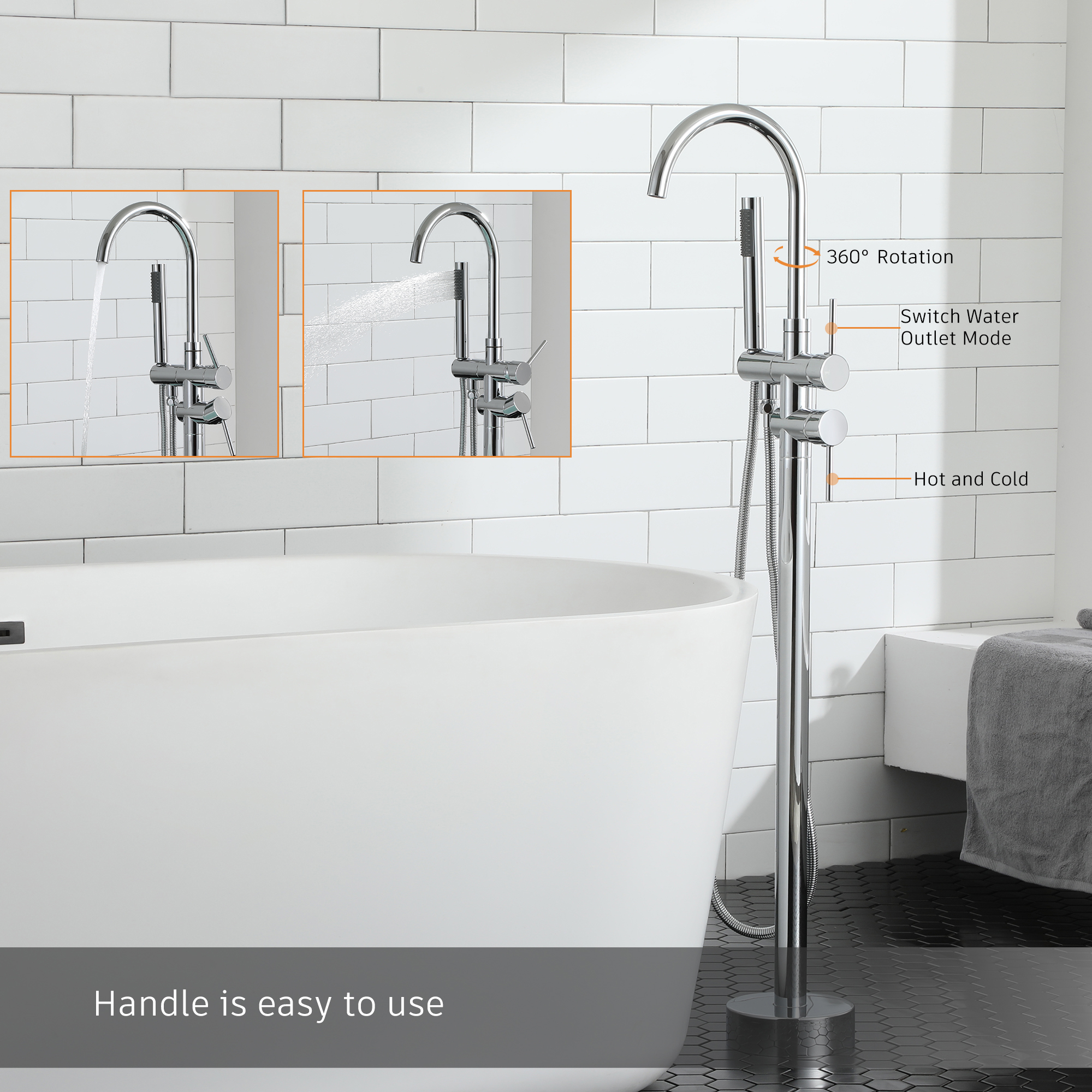 2-Handle Residentail Freestanding Bathtub Faucet with Hand Shower in Chrome