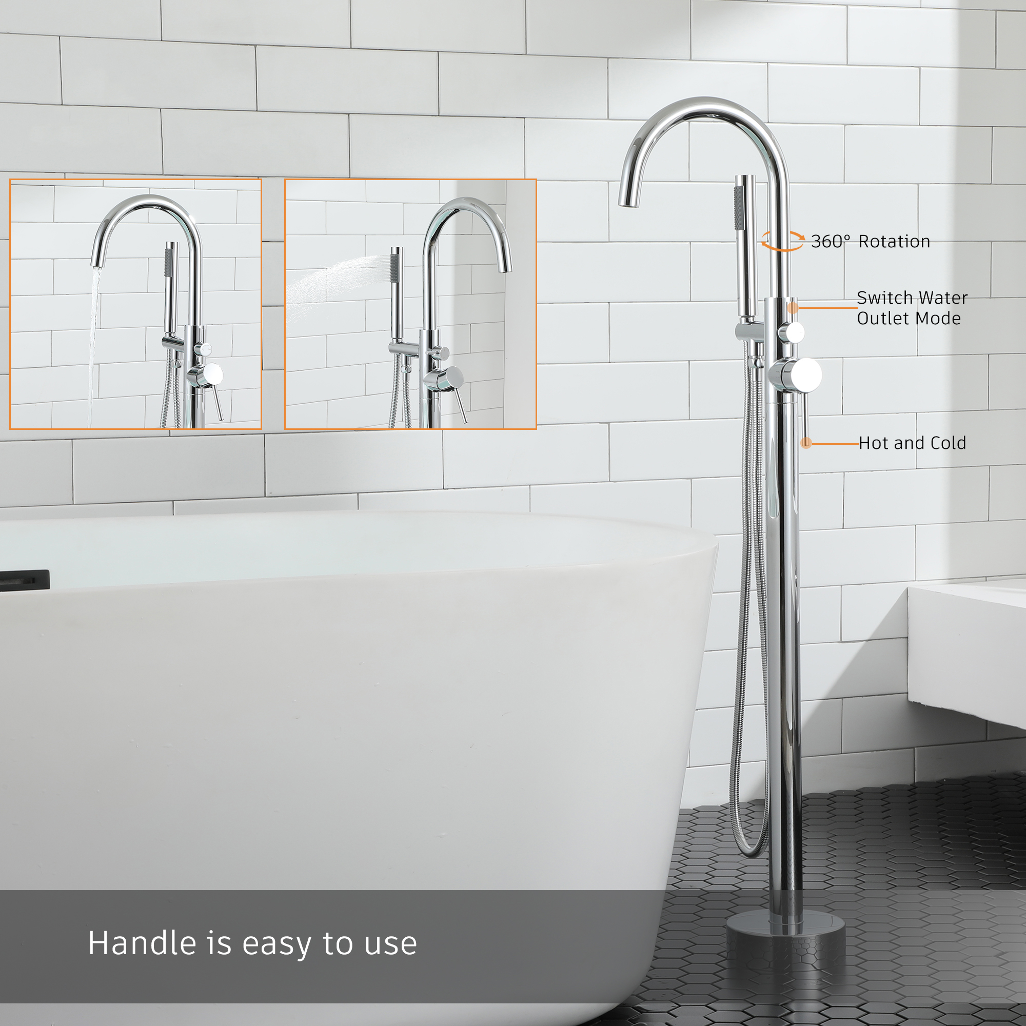 Modern Sleek Floor Mount 2-Handle Freestanding Tub Faucet with Hand Shower and Water Supply Hoses in. Chrome